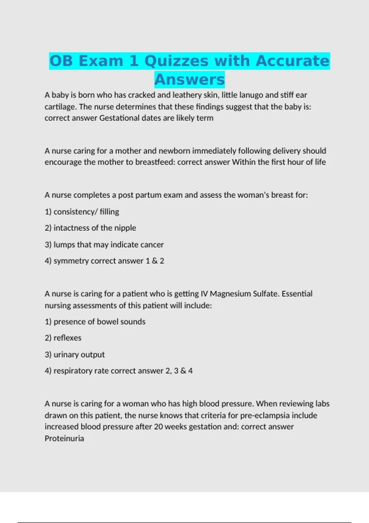OB Exam 1 Quizzes with Accurate Answers - Ob - Stuvia US