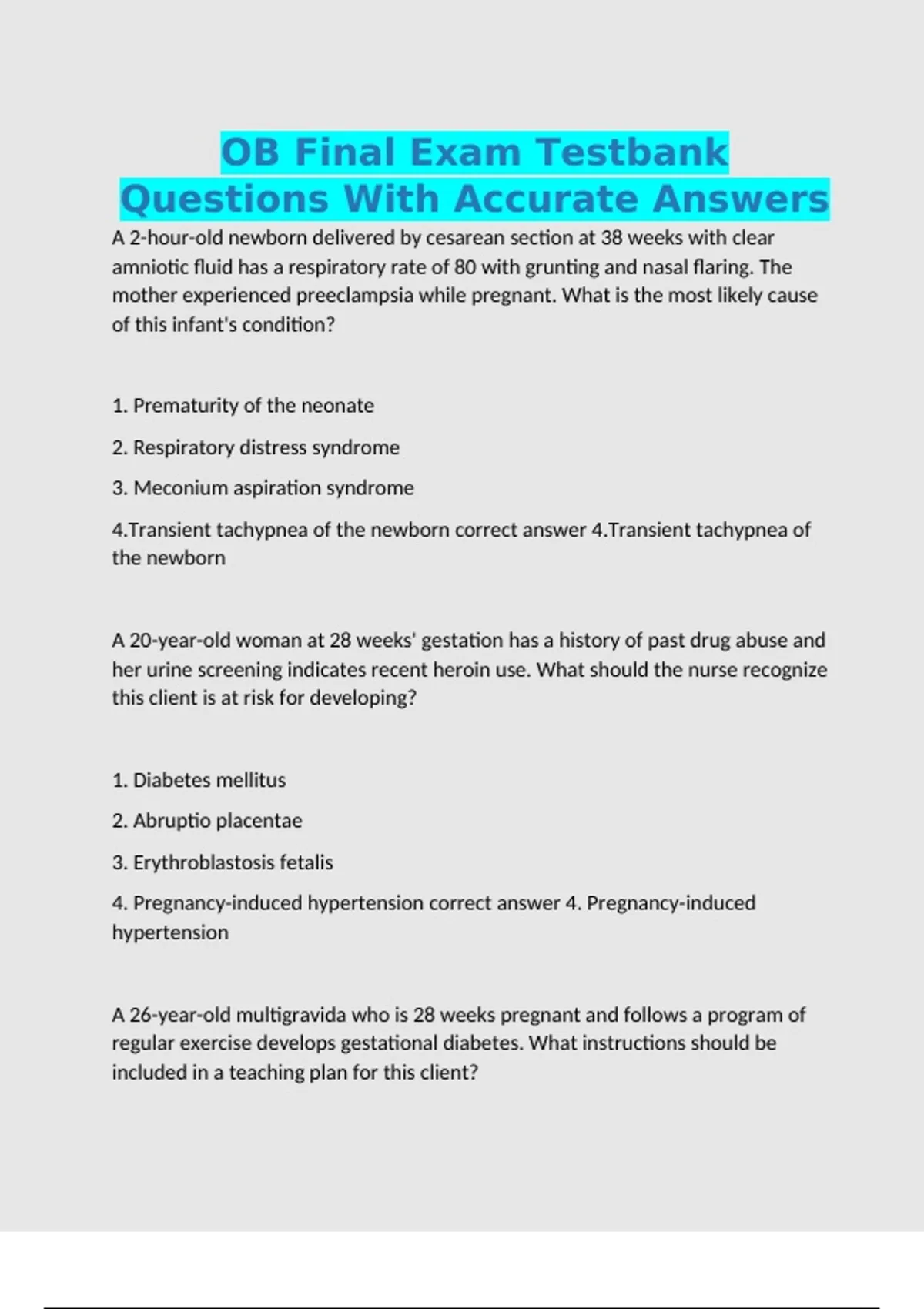 OB Final Exam Testbank Questions With Accurate Answers - Ob - Stuvia US