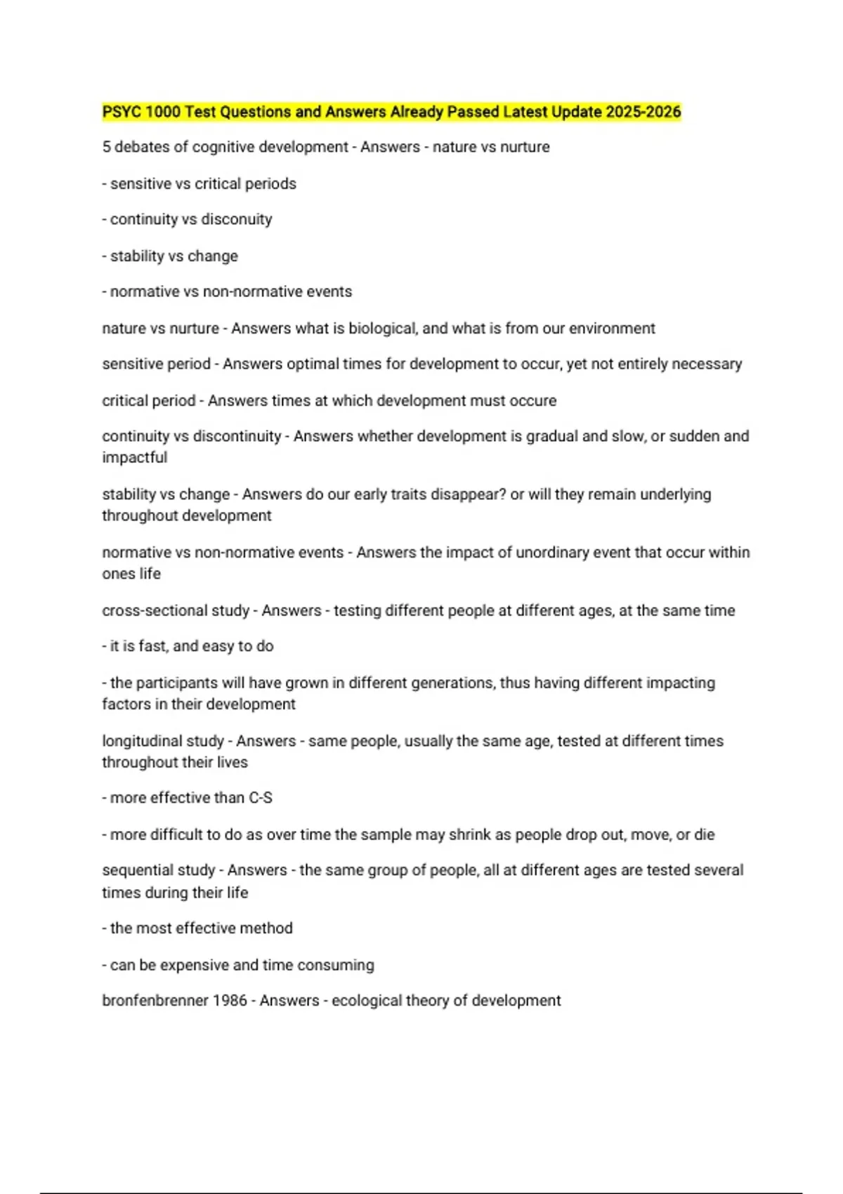 PSYC 1000 Test Questions and Answers Already Passed Latest Update ...