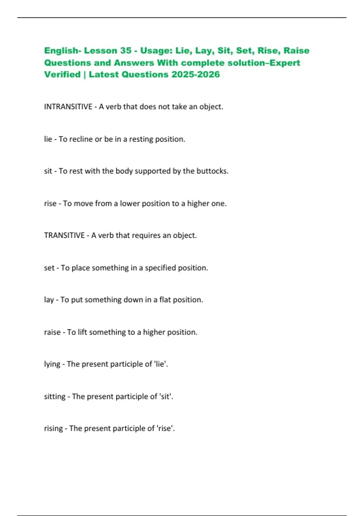 English- Lesson 35 - Usage: Lie, Lay, Sit, Set, Rise, Raise Questions ...