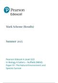 Pearson Edexcel  A Level  GCE In Biology  A Salters &lowbar;Nuffield &lpar;9BNO&sol;01&rpar; Paper 01&colon; The Natural Environment and Species Survive &comma;mark scheme June 2025