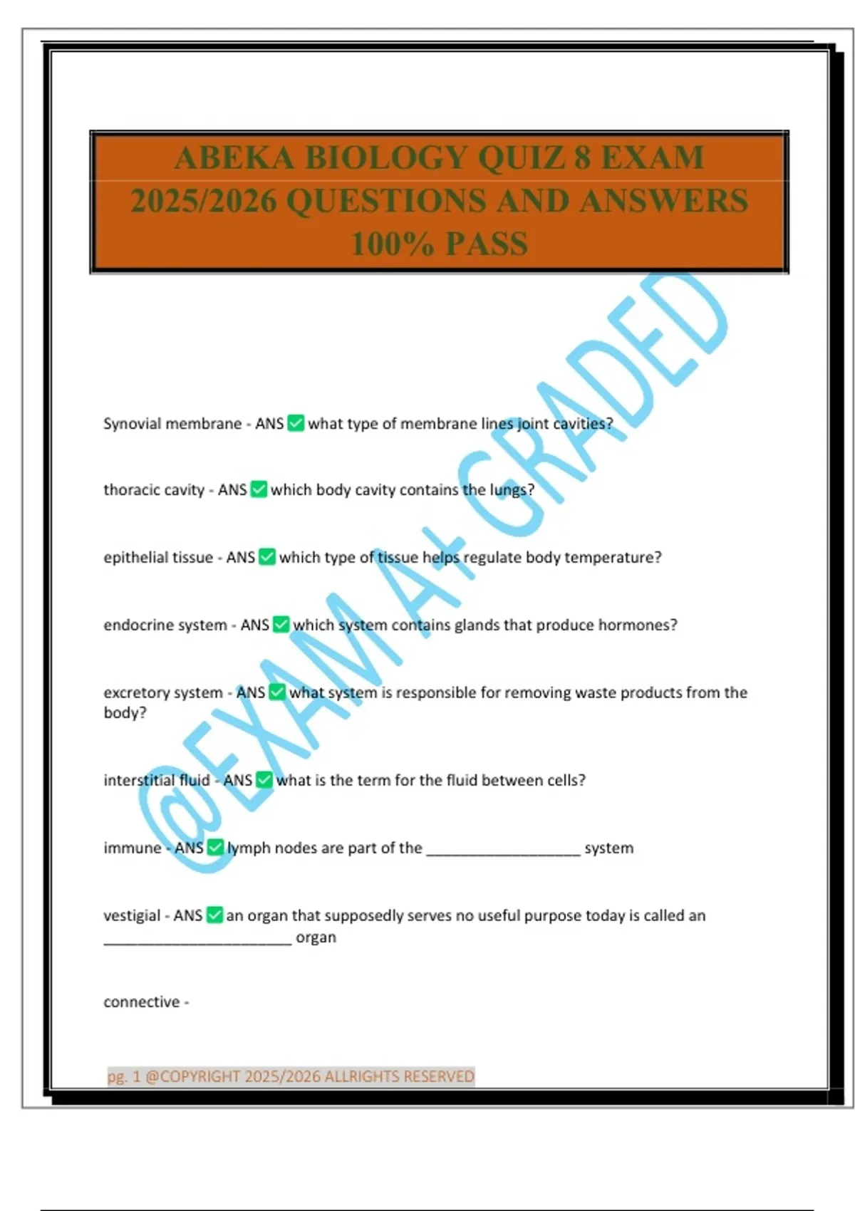 ABEKA BIOLOGY QUIZ 8 EXAM 2025/2026 QUESTIONS AND ANSWERS 100% PASS ...