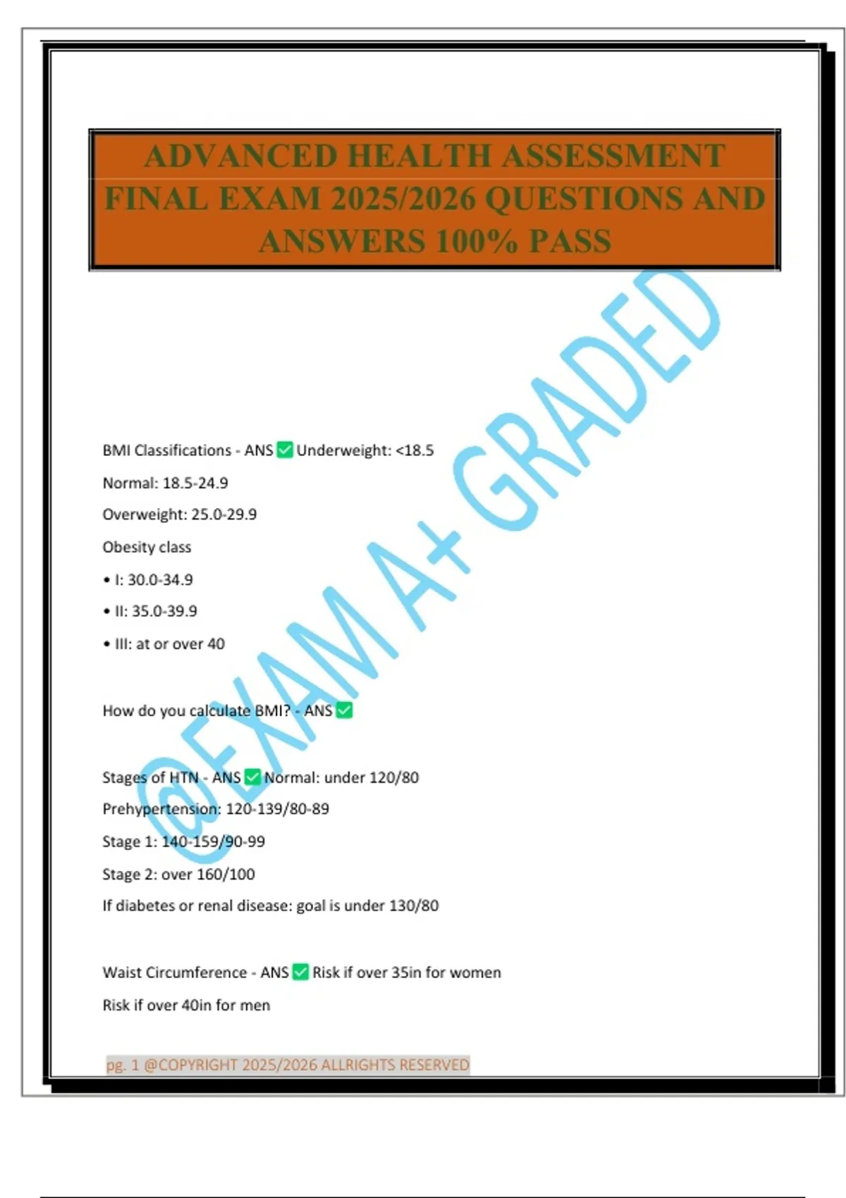 ADVANCED HEALTH ASSESSMENT FINAL EXAM 2025/2026 QUESTIONS AND ANSWERS ...