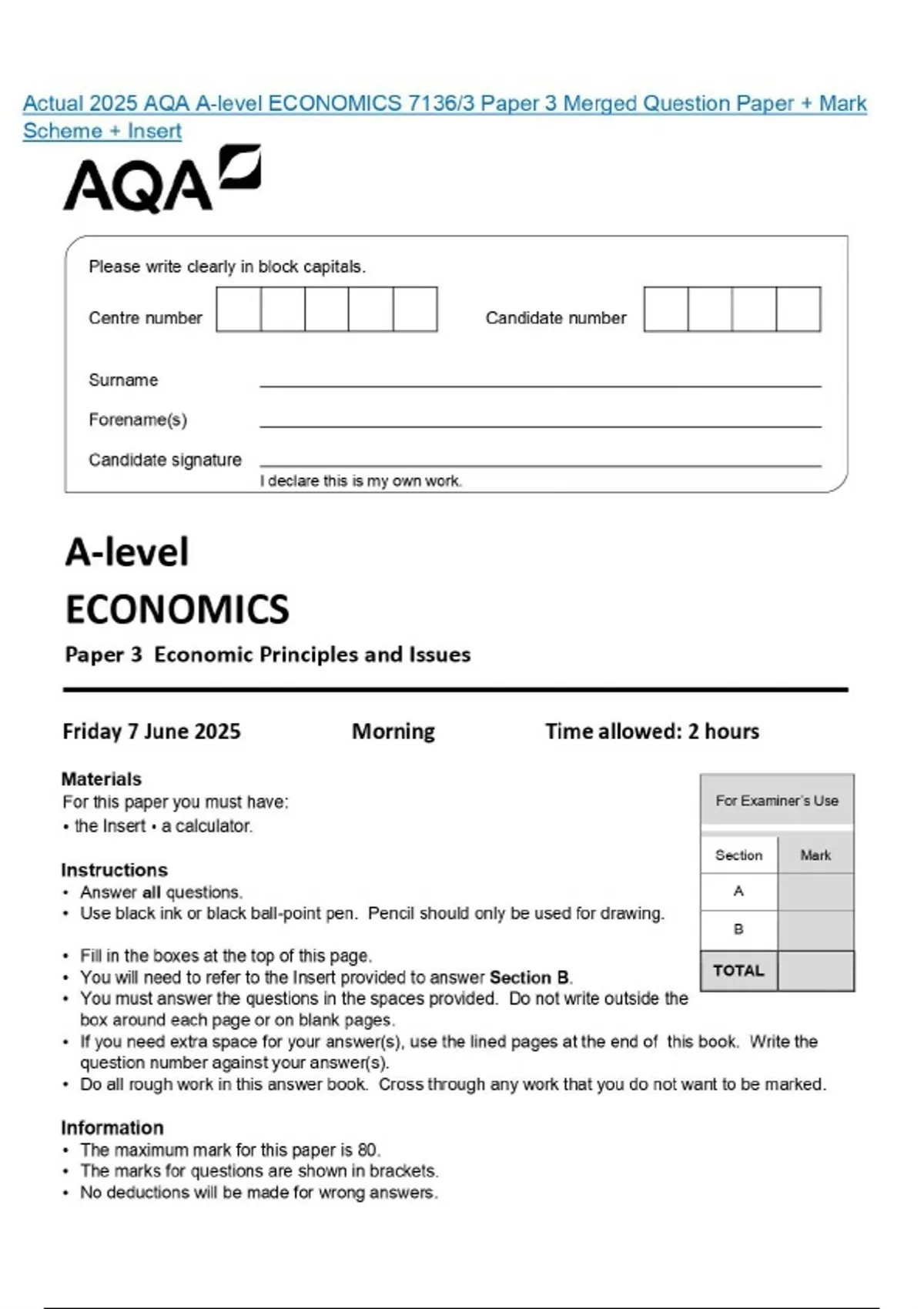 Actual 2025 AQA A-level ECONOMICS 7136/3 Paper 3 Merged Question Paper ...