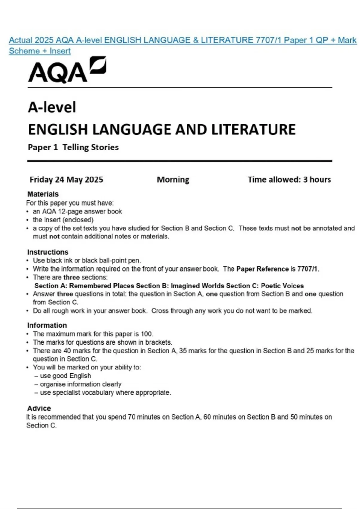 Actual 2025 AQA A-level ENGLISH LANGUAGE & LITERATURE 7707/1 Paper 1 QP ...