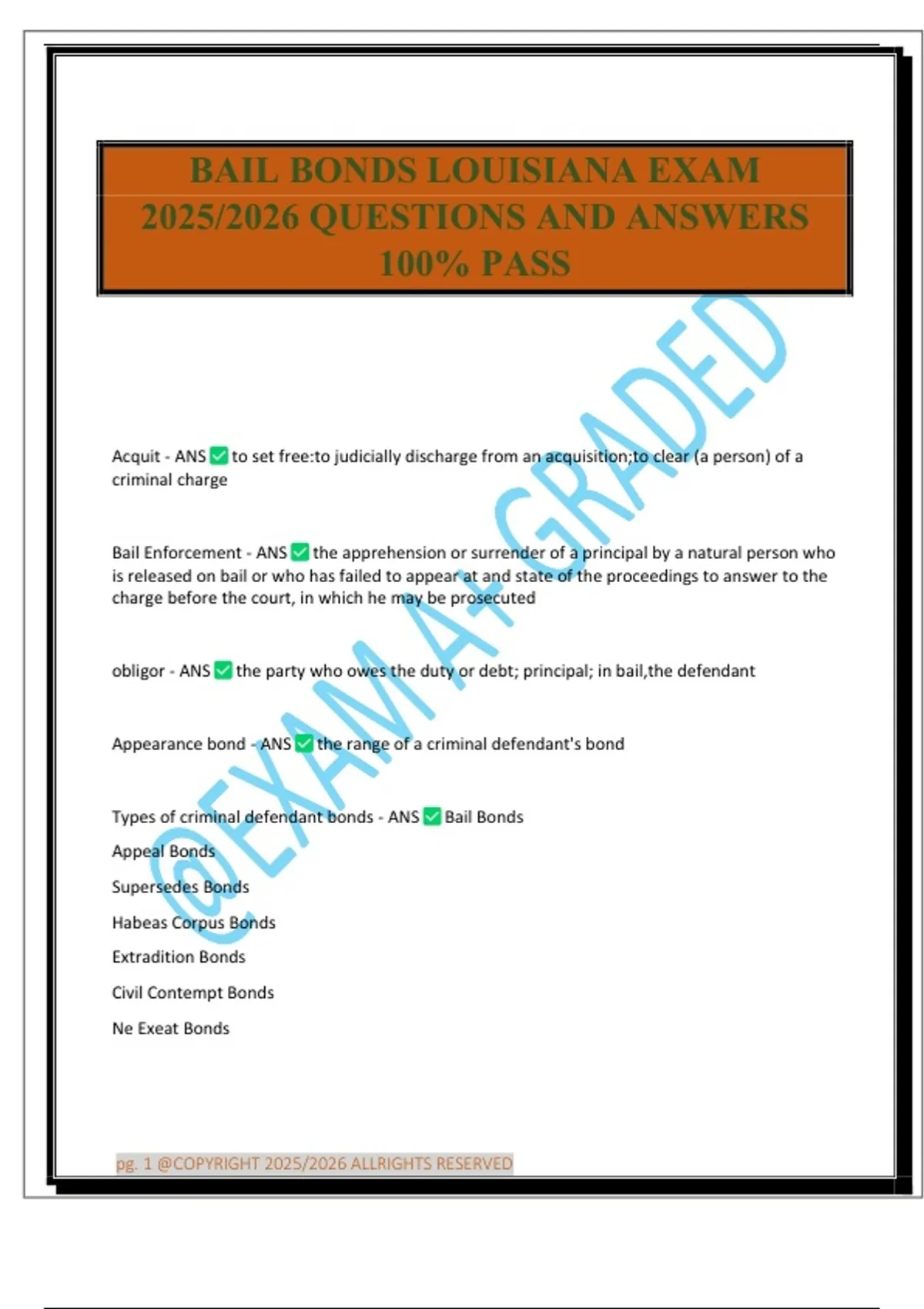 BAIL BONDS LOUISIANA EXAM 2025/2026 QUESTIONS AND ANSWERS 100% PASS ...
