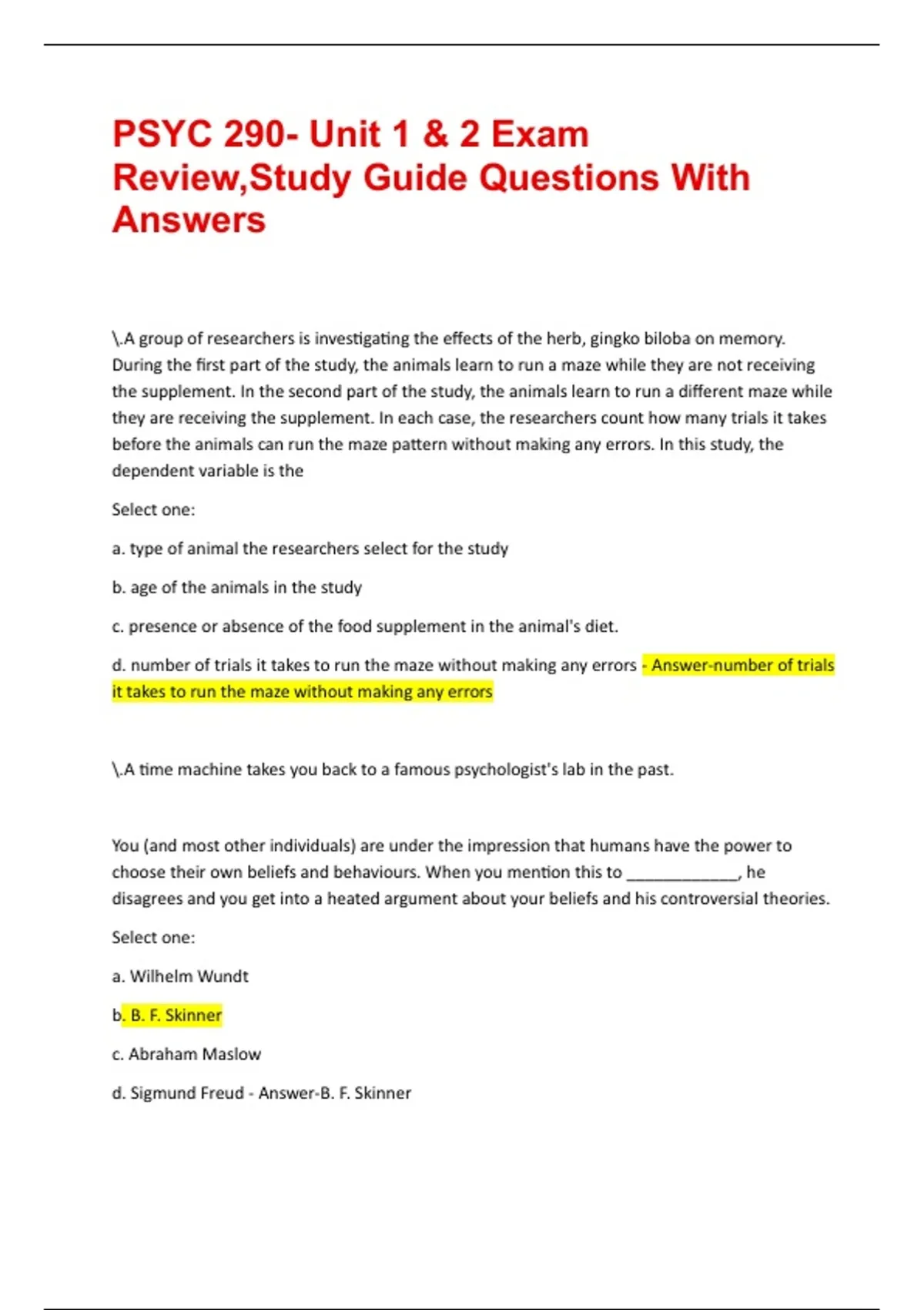 PSYC 290- Unit 1 & 2 Exam Review,Study Guide Questions With Answers ...