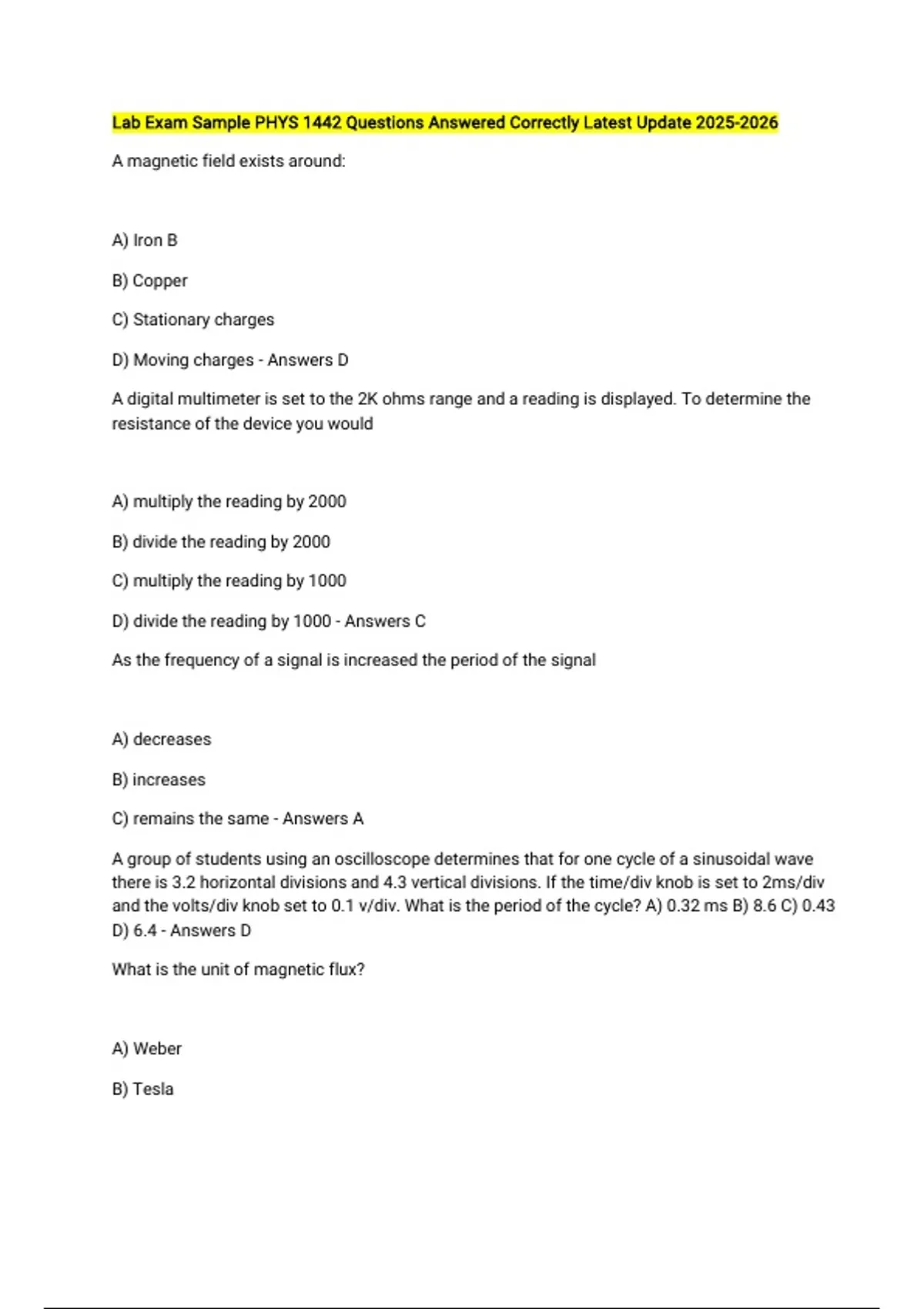 Lab Exam Sample PHYS 1442 Questions Answered Correctly Latest Update ...