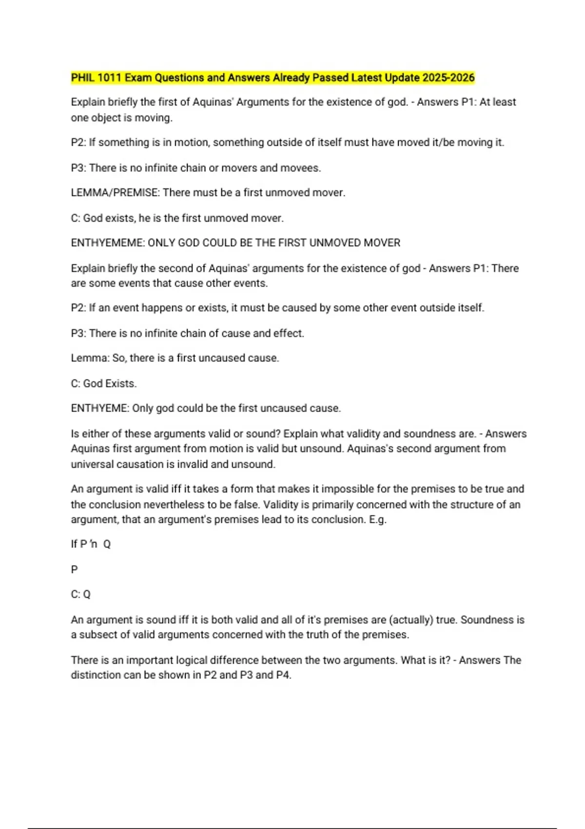 PHIL 1011 Bundled Questions and Answers Already Passed Latest Update ...