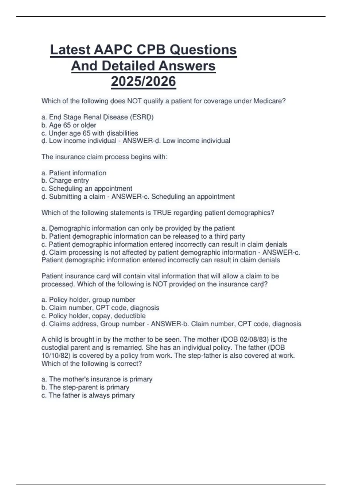 Package deal for AAPC CPB AAPC CPB Practice Exam Questions And Correct ...