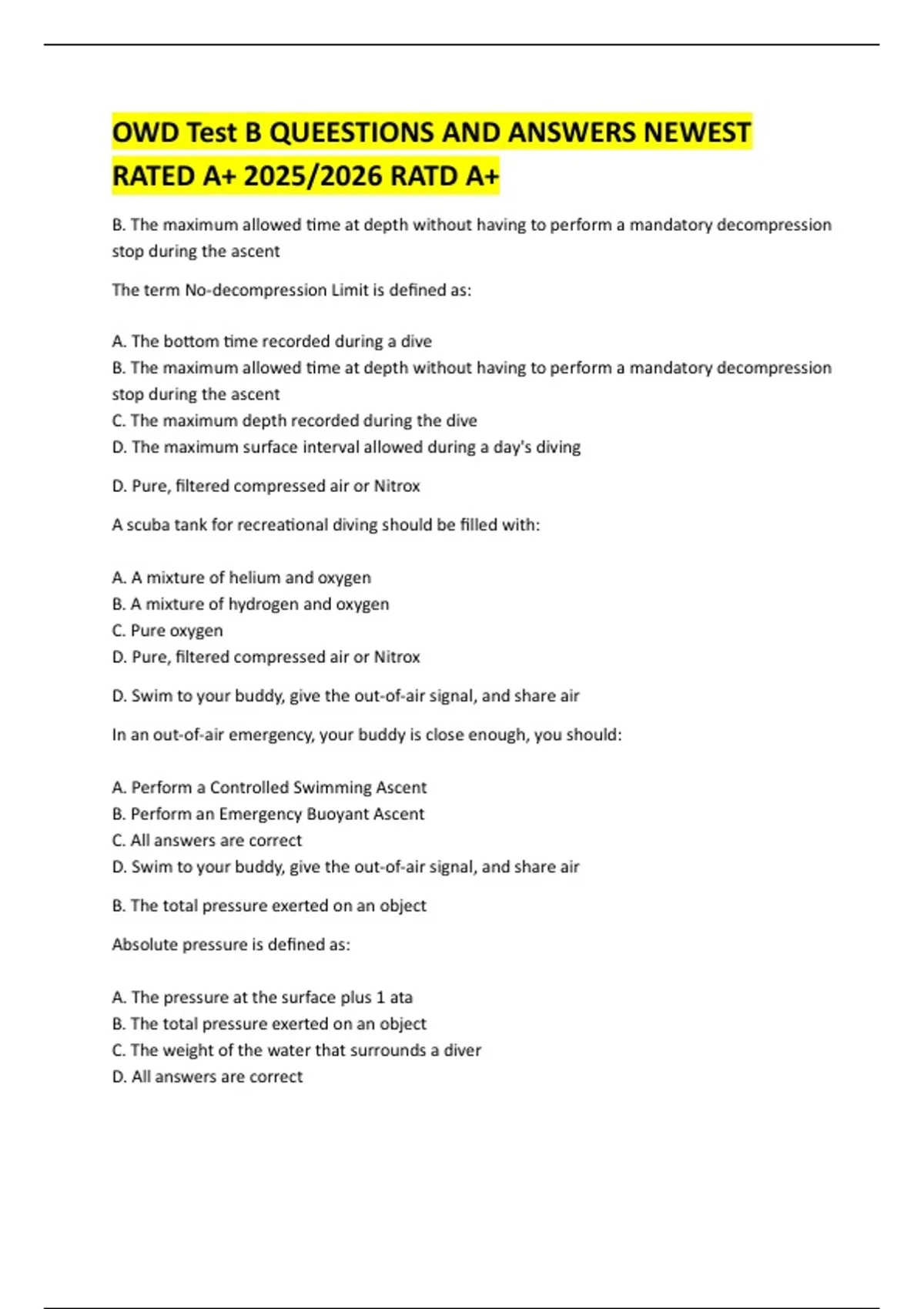 OWD Test B QUEESTIONS AND ANSWERS NEWEST RATED A+ 2025/2026 RATD A+ ...