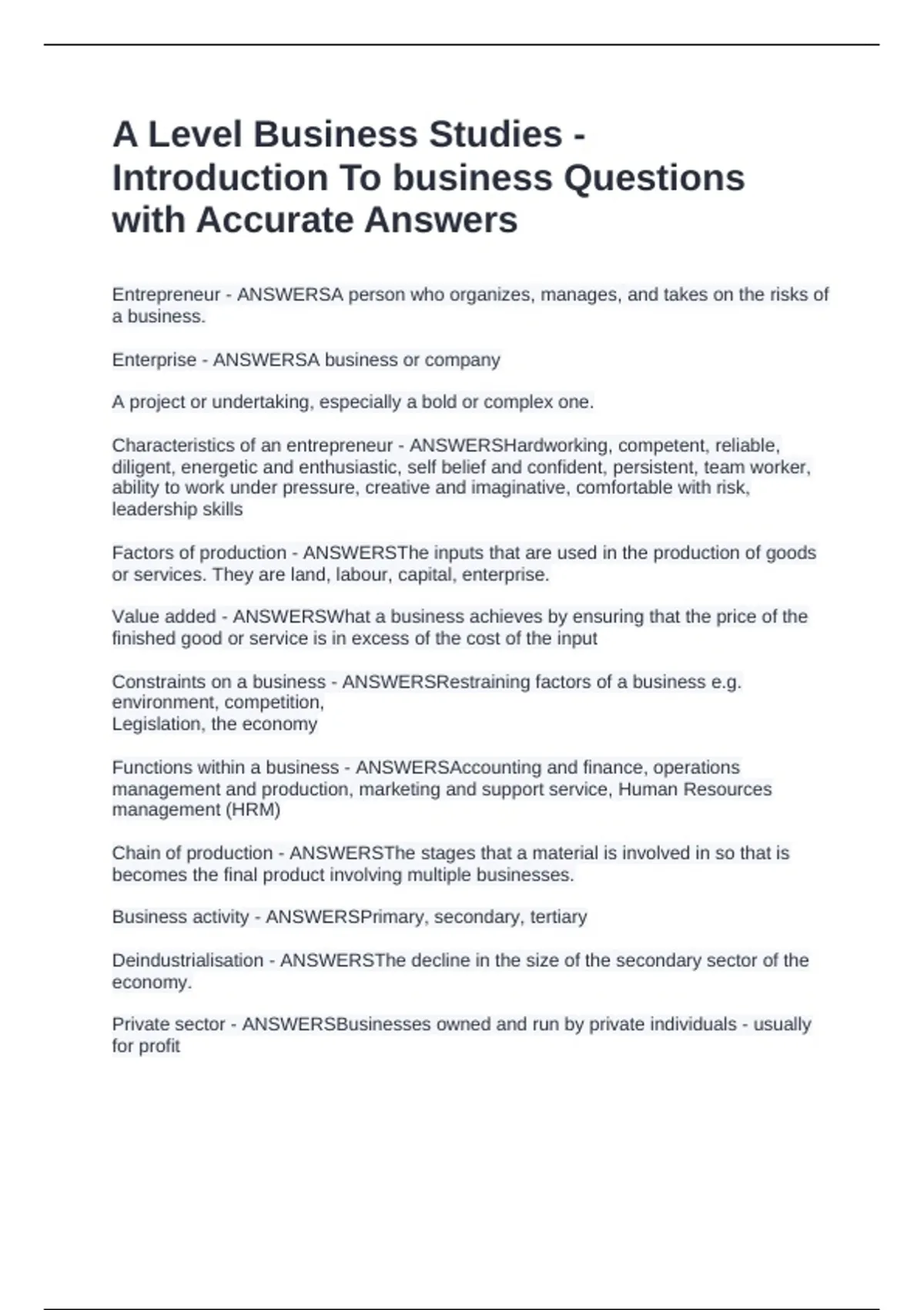 A Level Business Studies - Introduction To business Questions with ...