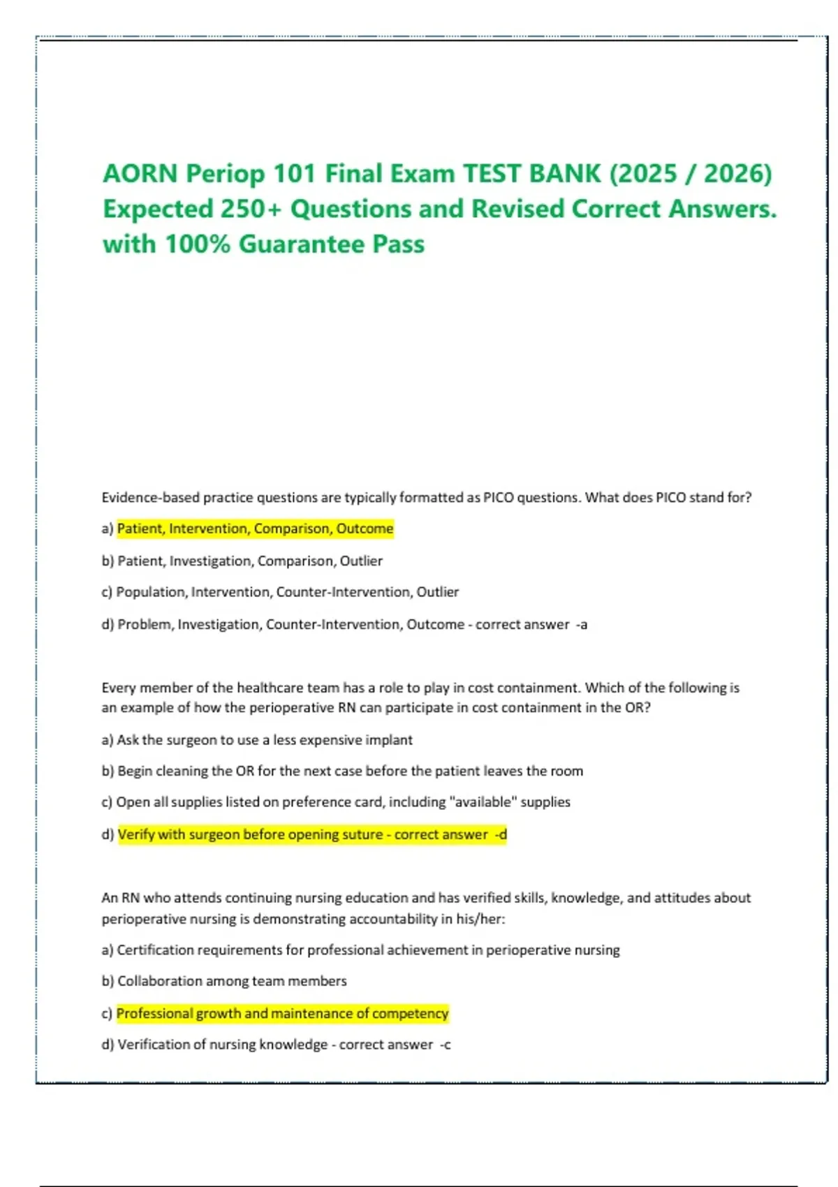 AORN Periop 101 Final Exam Test Bank (2025/2026) | 250+ Questions with ...