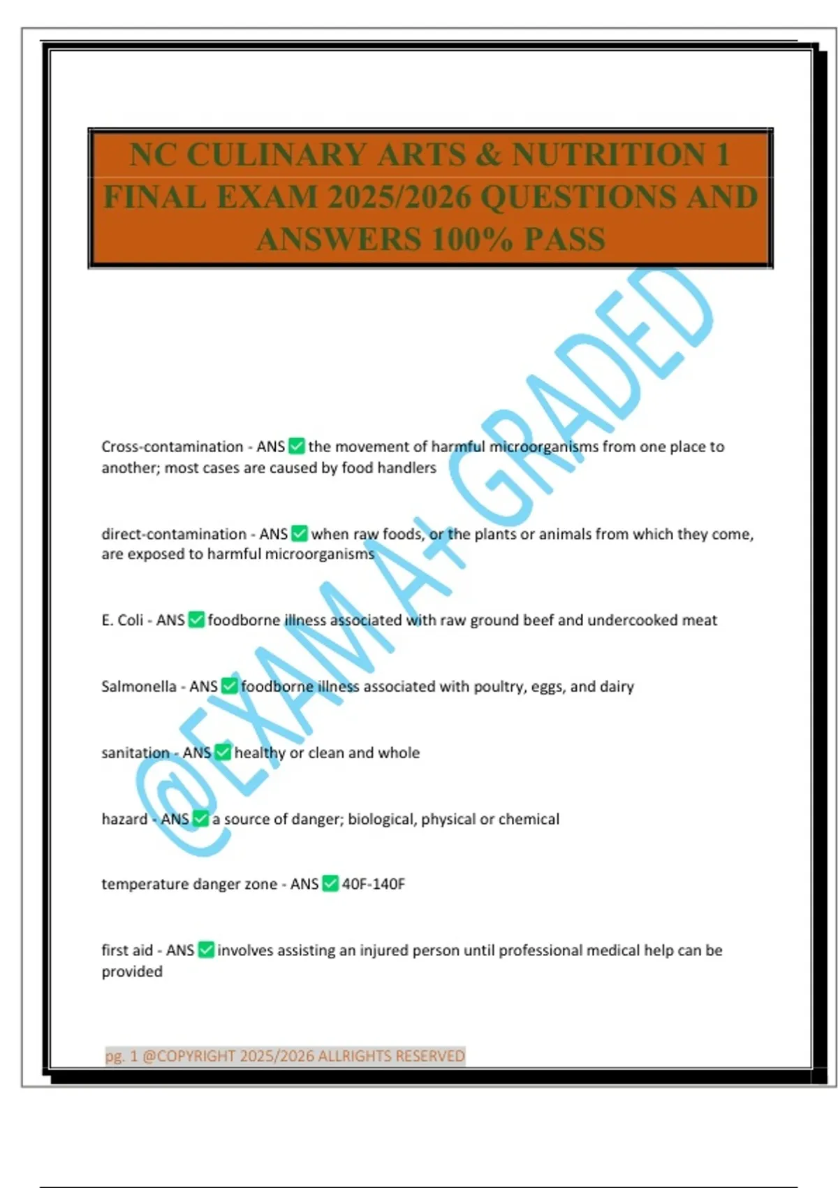 NC CULINARY ARTS & NUTRITION 1 FINAL EXAM 2025/2026 QUESTIONS AND ...
