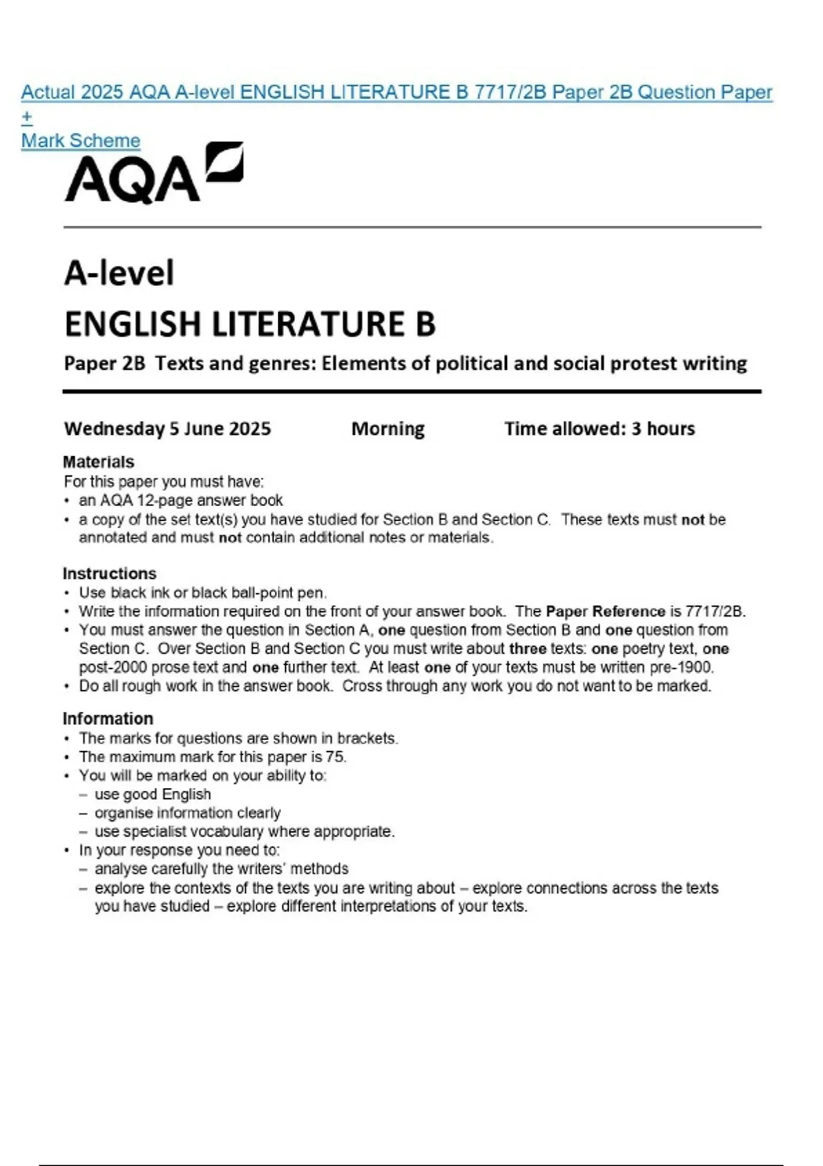 Actual 2025 AQA A-level ENGLISH LITERATURE B 7717/2B Paper 2B Question ...