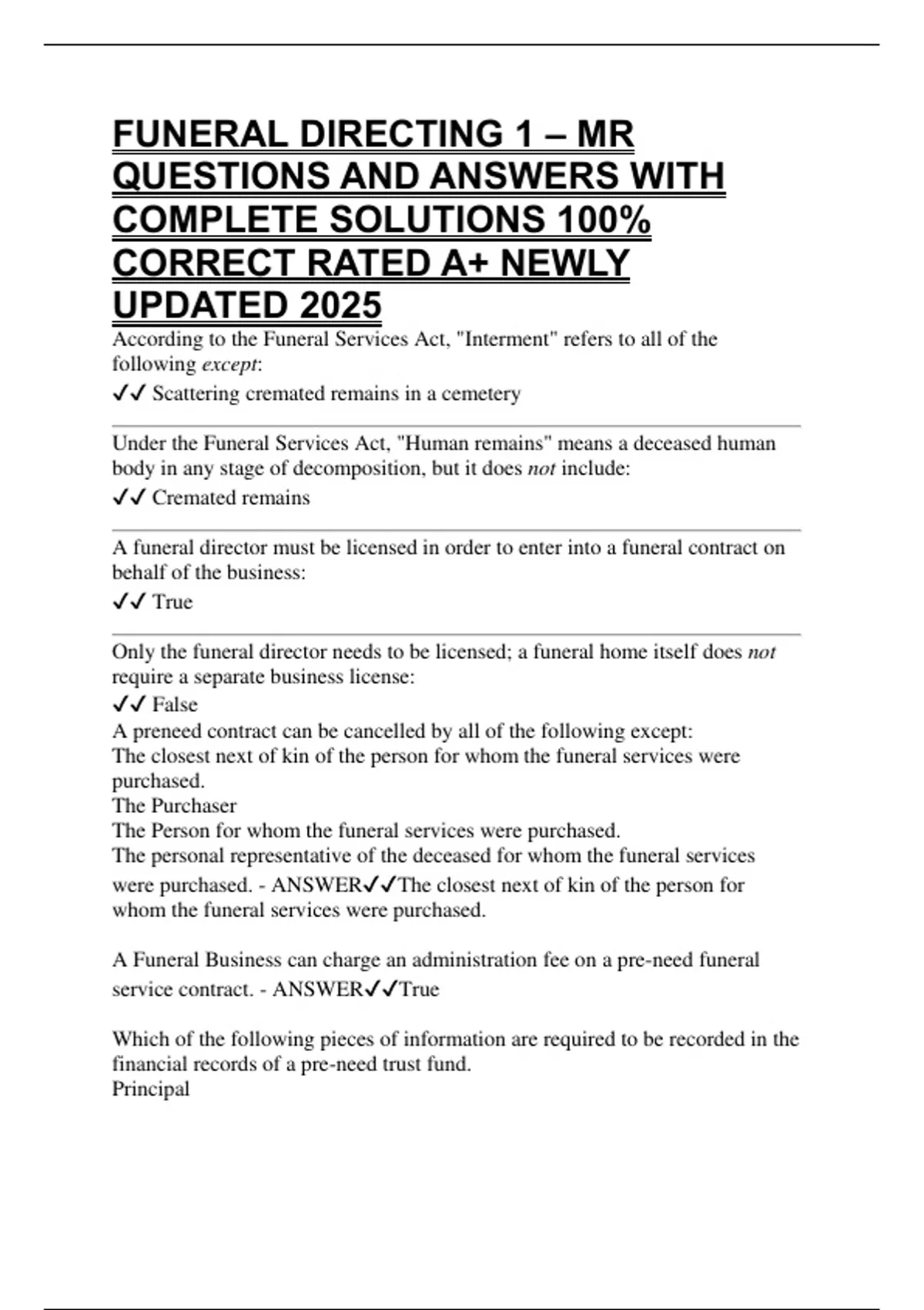 FUNERAL DIRECTING 1 – MR QUESTIONS AND ANSWERS WITH COMPLETE SOLUTIONS ...