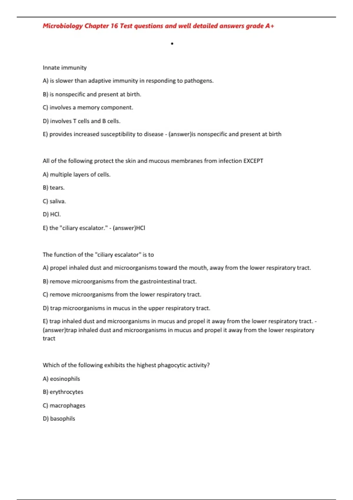 Microbiology Chapter 16 Test questions and well detailed answers grade A+ - Microbiology Chapter ...