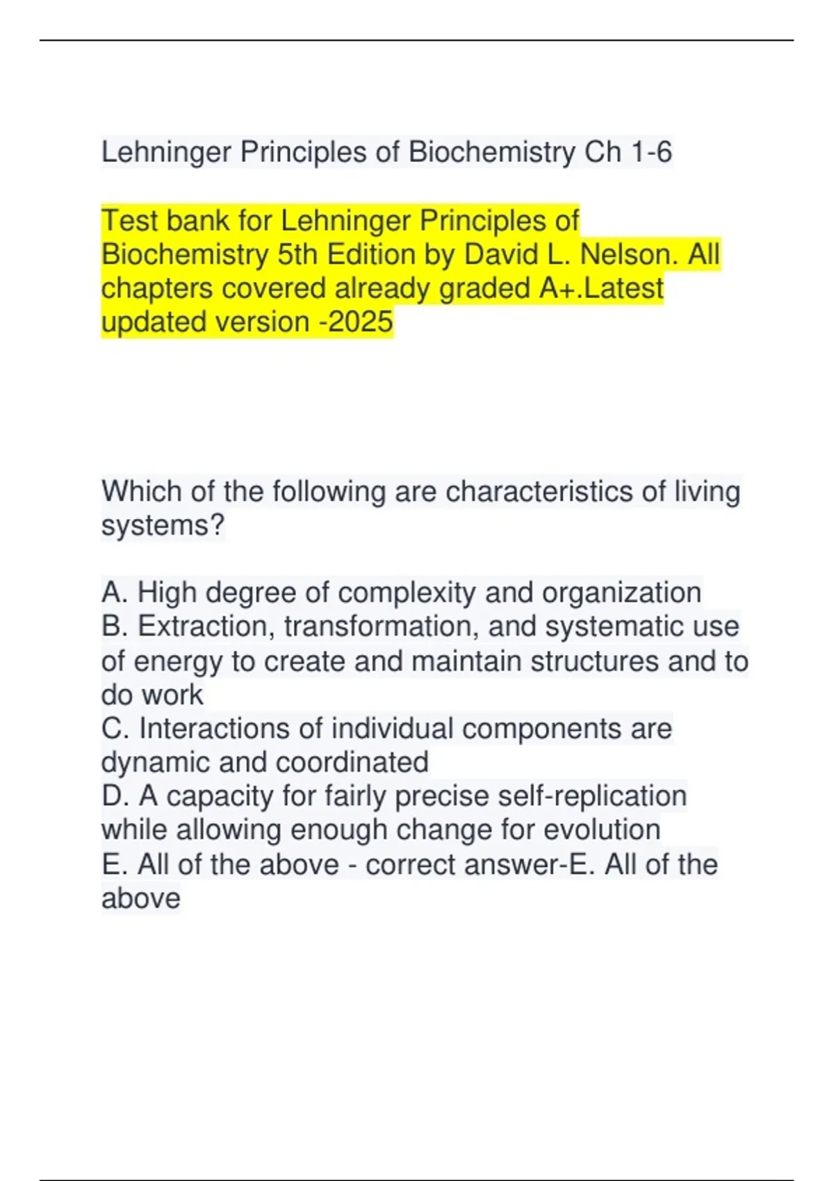 Lehninger Principles of Biochemistry Ch 16 Test bank for Lehninger