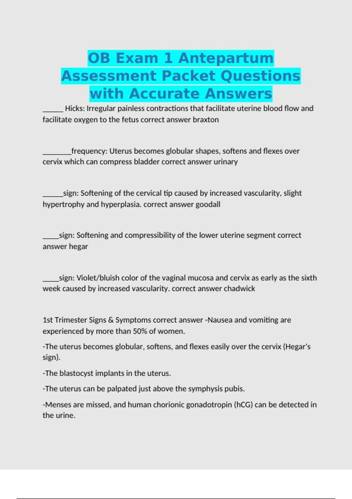 OB Exam 1 Antepartum Assessment Packet Questions with Accurate Answers ...