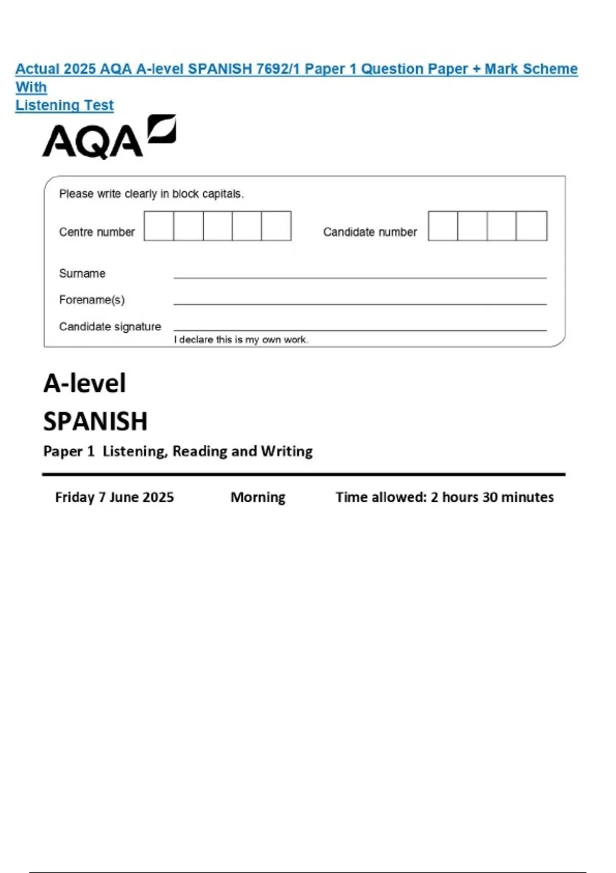 Actual 2025 AQA A-level SPANISH 7692/1 Paper 1 Question Paper + Mark ...