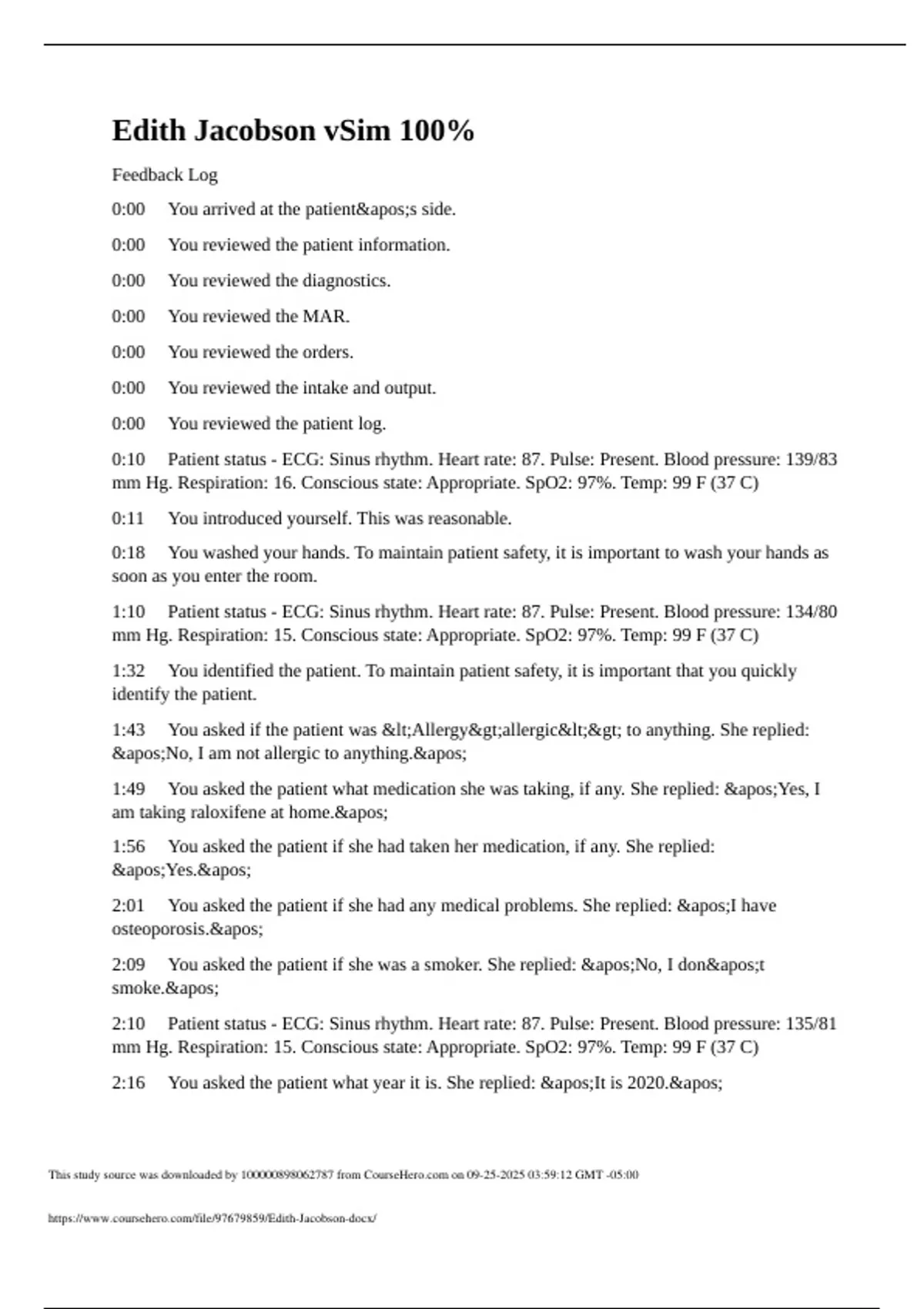 Edith Jacobson vSim 100% Feedback Log - Edith Jacobson vSim 100% ...