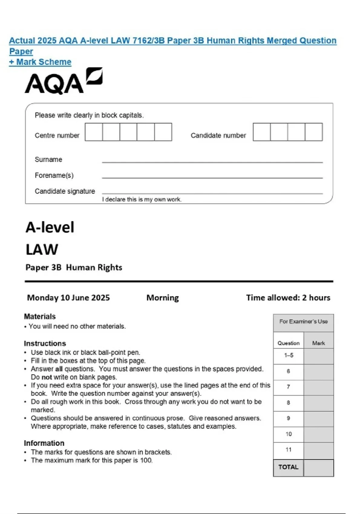 Actual 2025 AQA A-level LAW 7162/3B Paper 3B Human Rights Merged ...