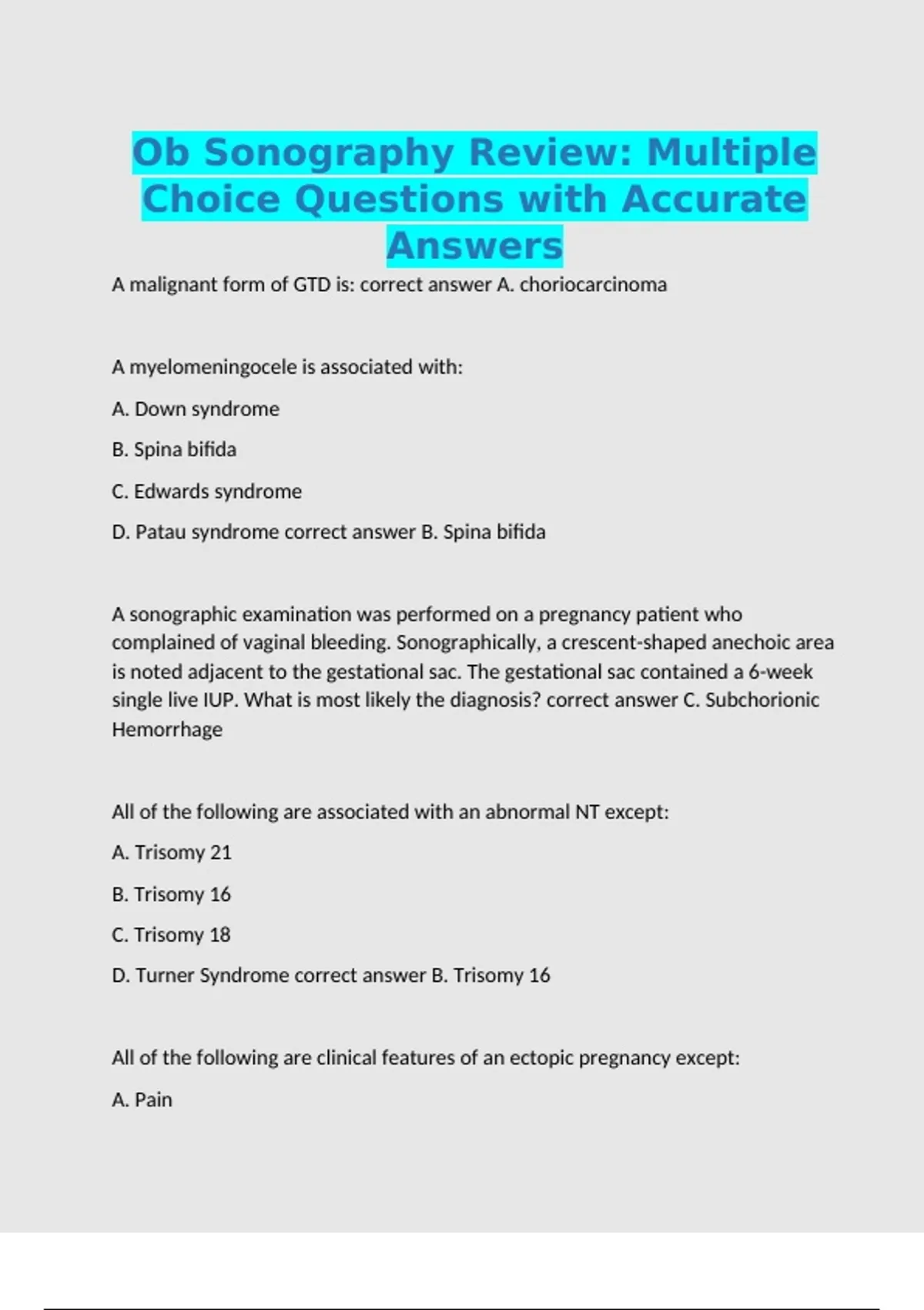 Ob Sonography Review: Multiple Choice Questions with Accurate Answers ...