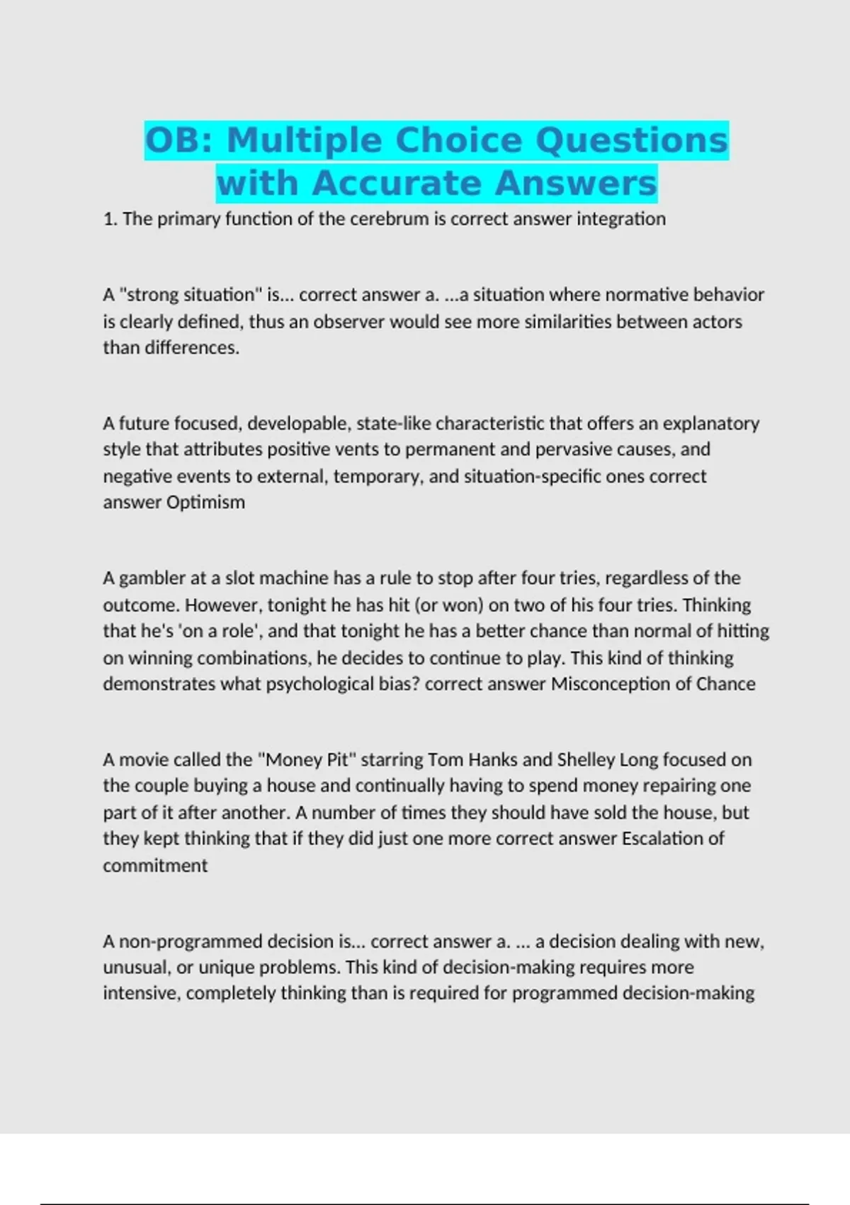 OB: Multiple Choice Questions with Accurate Answers - Ob - Stuvia US