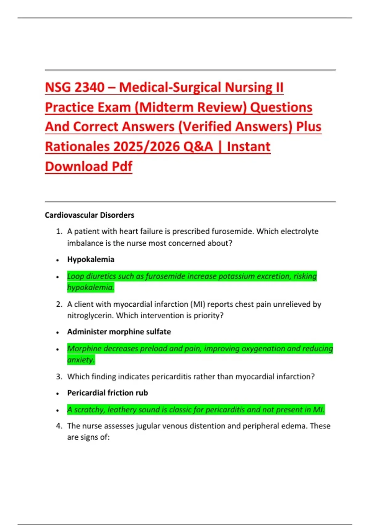 NSG 2340 – Medical-Surgical Nursing II Practice Exam (Midterm Review ...