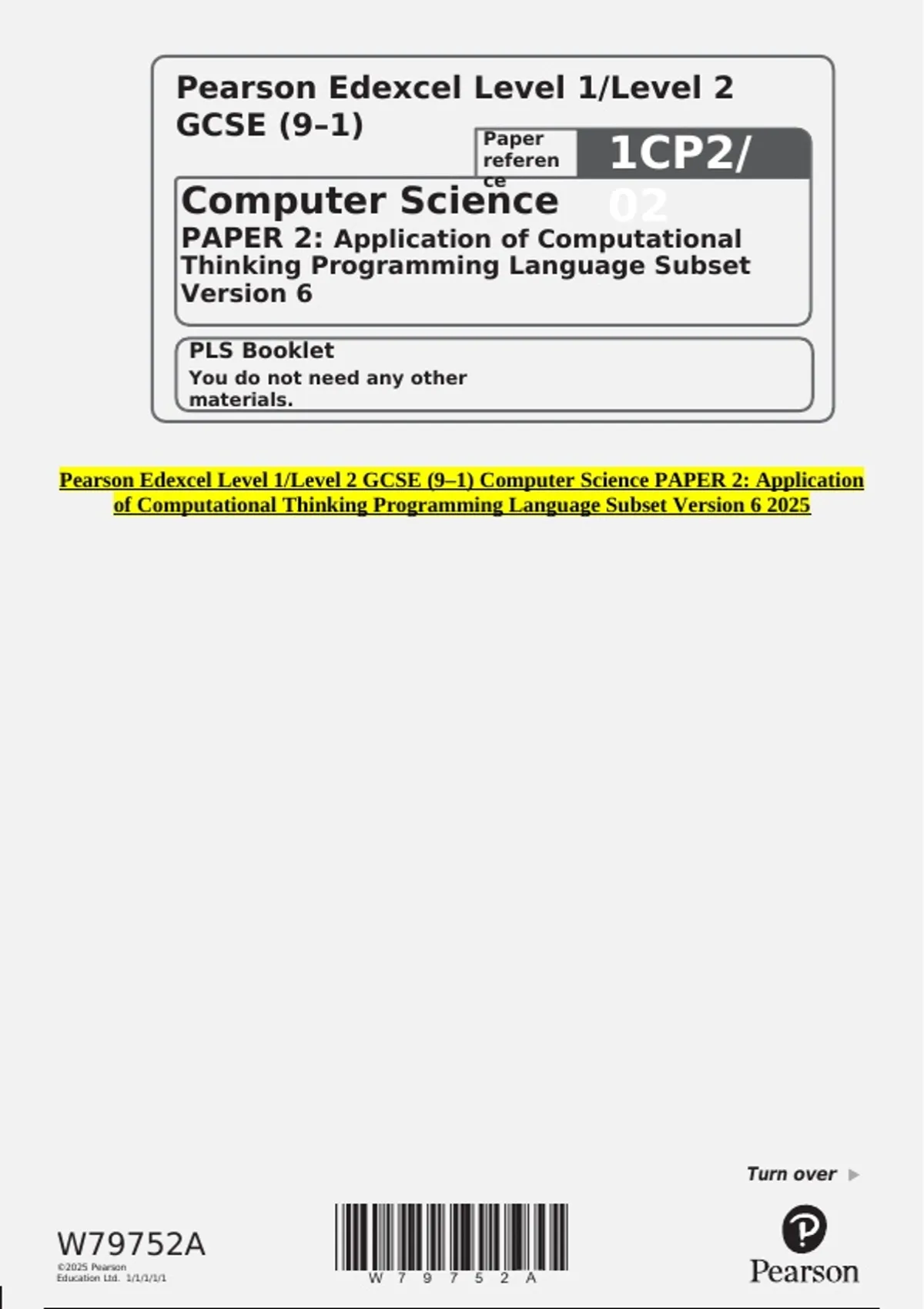 Pearson Edexcel Level 1/Level 2 GCSE (9–1) Computer Science PAPER 2 ...