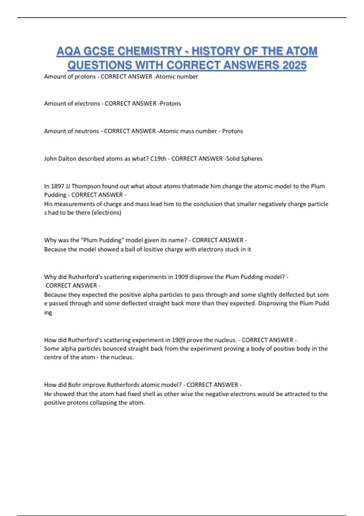 AQA GCSE CHEMISTRY - HISTORY OF THE ATOM QUESTIONS WITH CORRECT ANSWERS ...