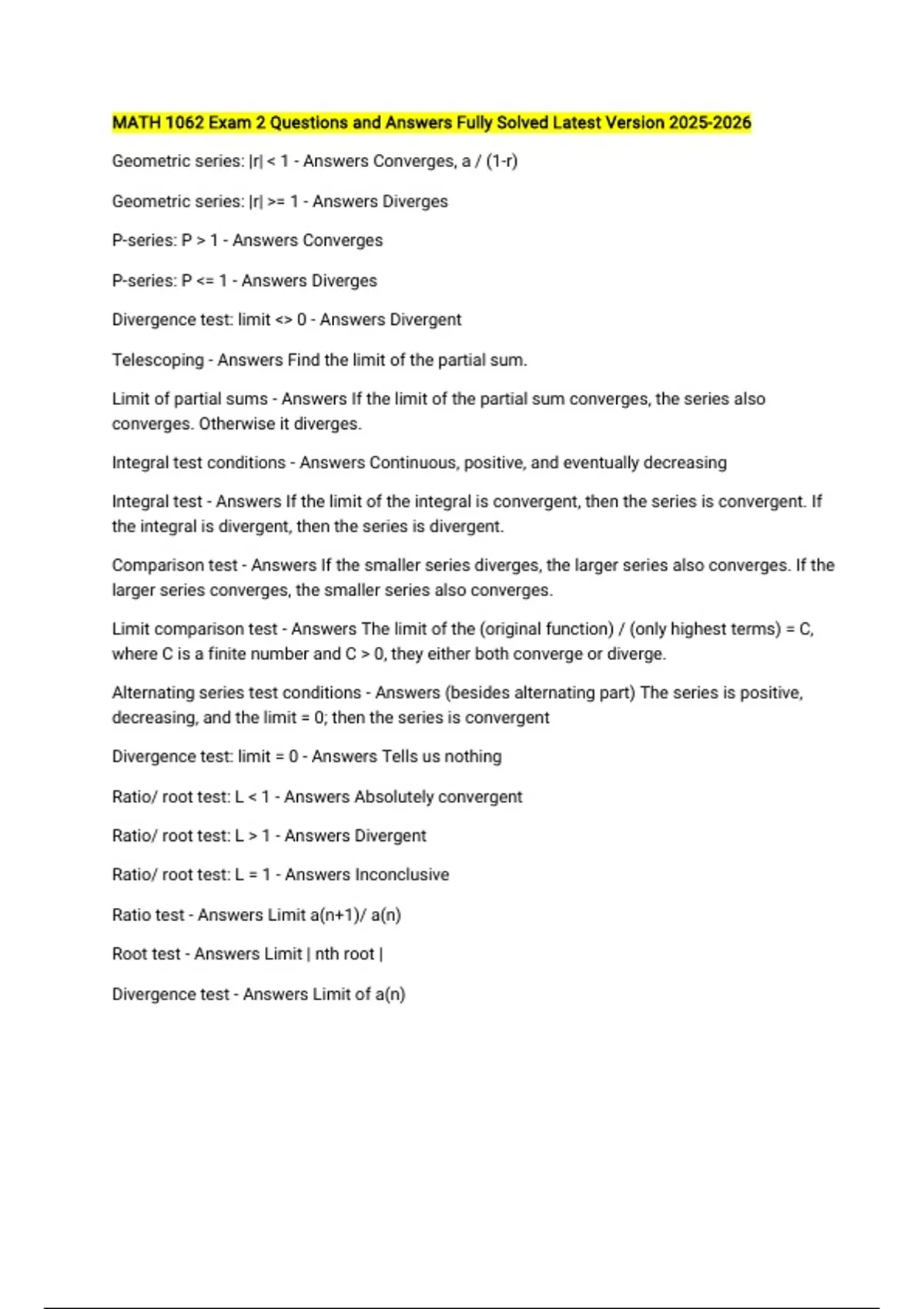 MATH 1062 Exam 2 Questions and Answers Fully Solved Latest Version ...