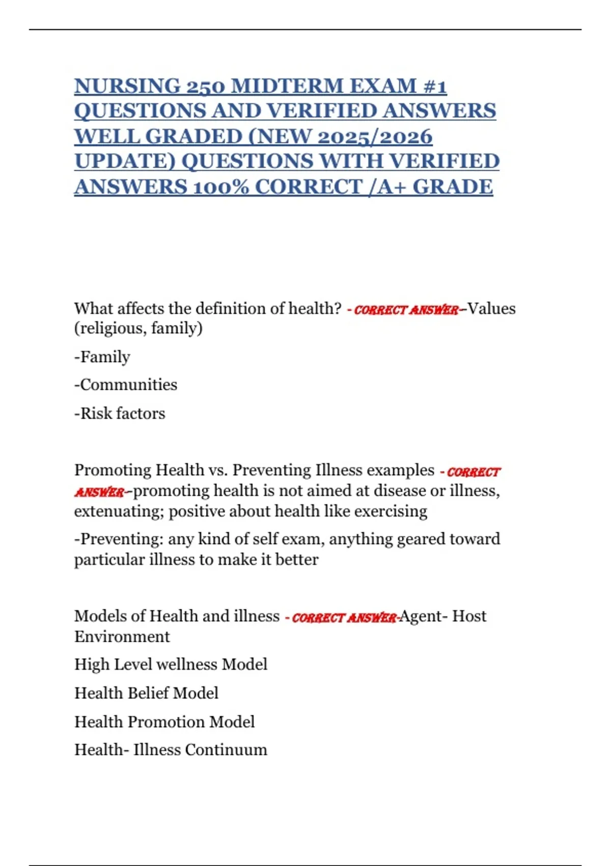 NURSING 250 MIDTERM EXAM #1 QUESTIONS AND VERIFIED ANSWERS WELL GRADED ...