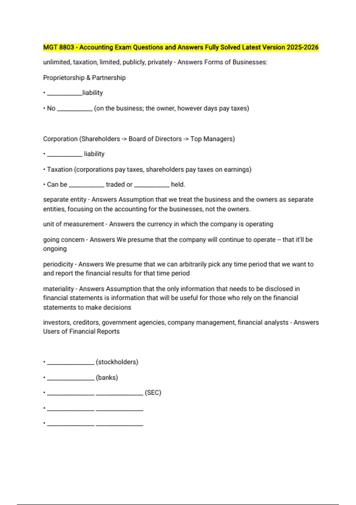 MGT 8803 - Accounting Exam Questions and Answers Fully Solved Latest ...