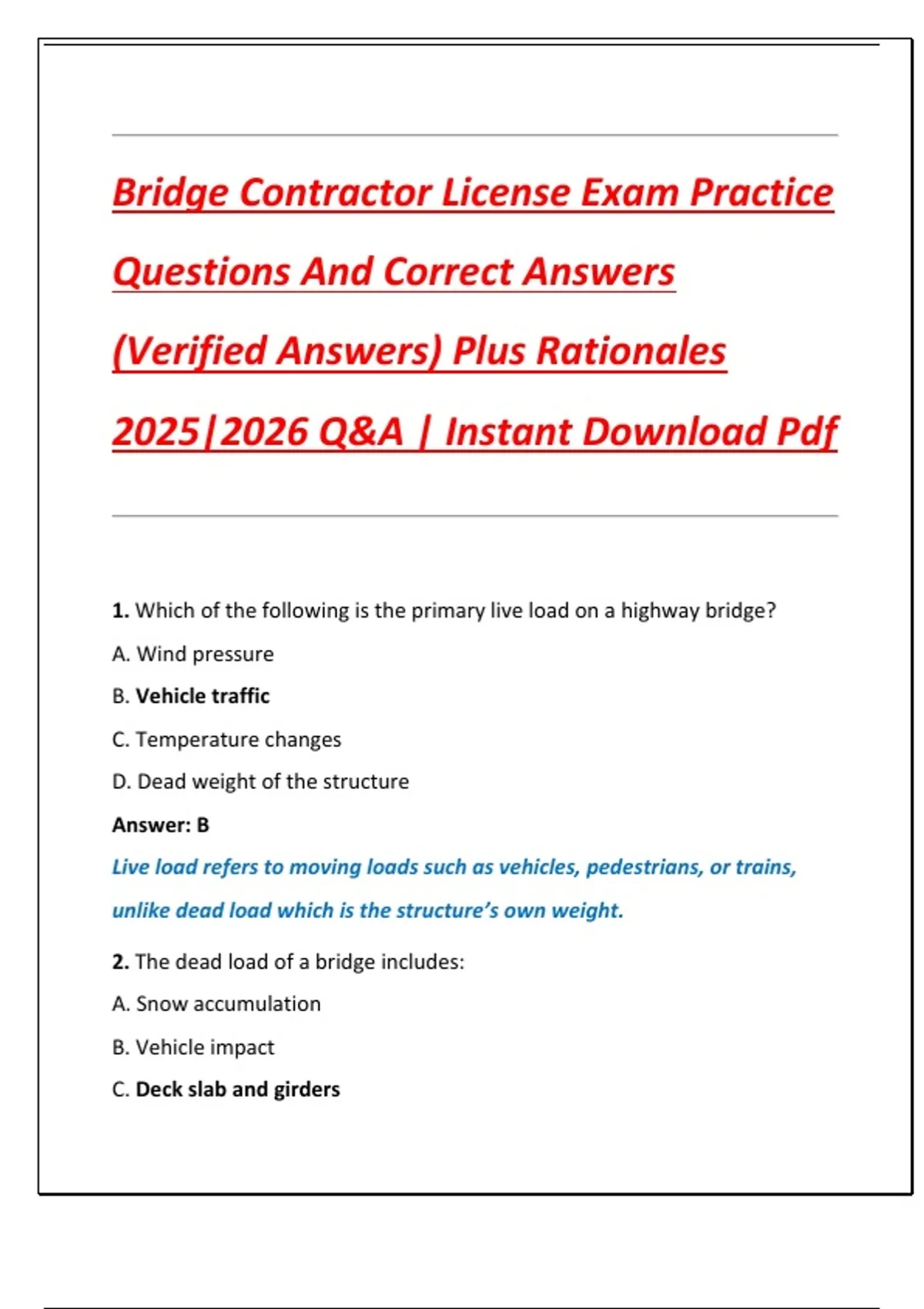 Bridge Example Question Exam Bridge Contractor License Exam Practice Questions And Correct Answers ...