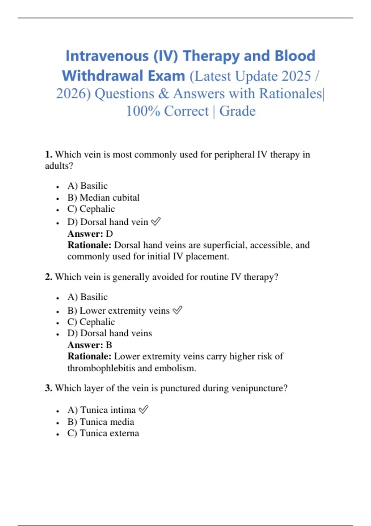 Sample Iv Questions Intravenous (IV) Therapy and Blood Withdrawal Exam (Latest Update 2025 ...