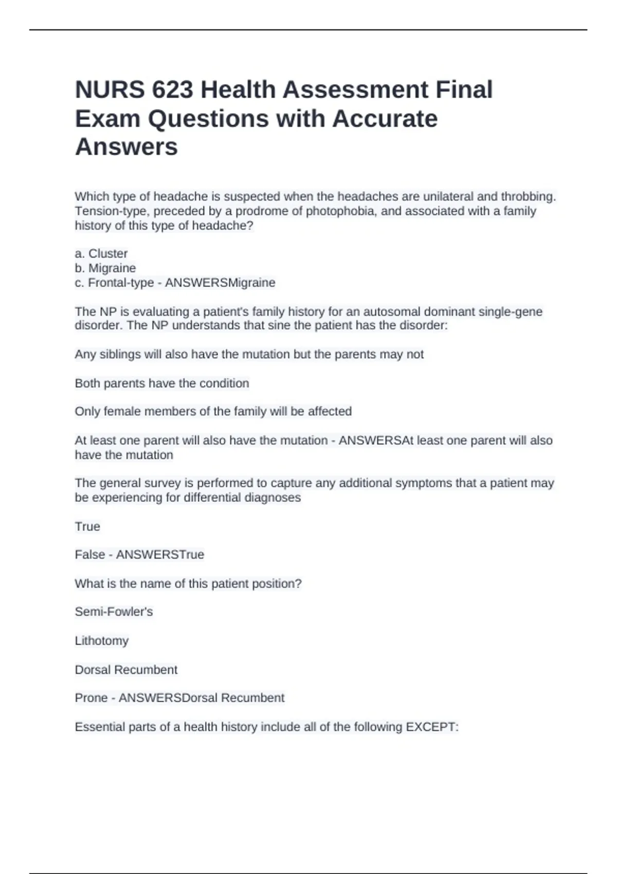 NURS 623 Health Assessment Final Exam Questions with Accurate Answers ...