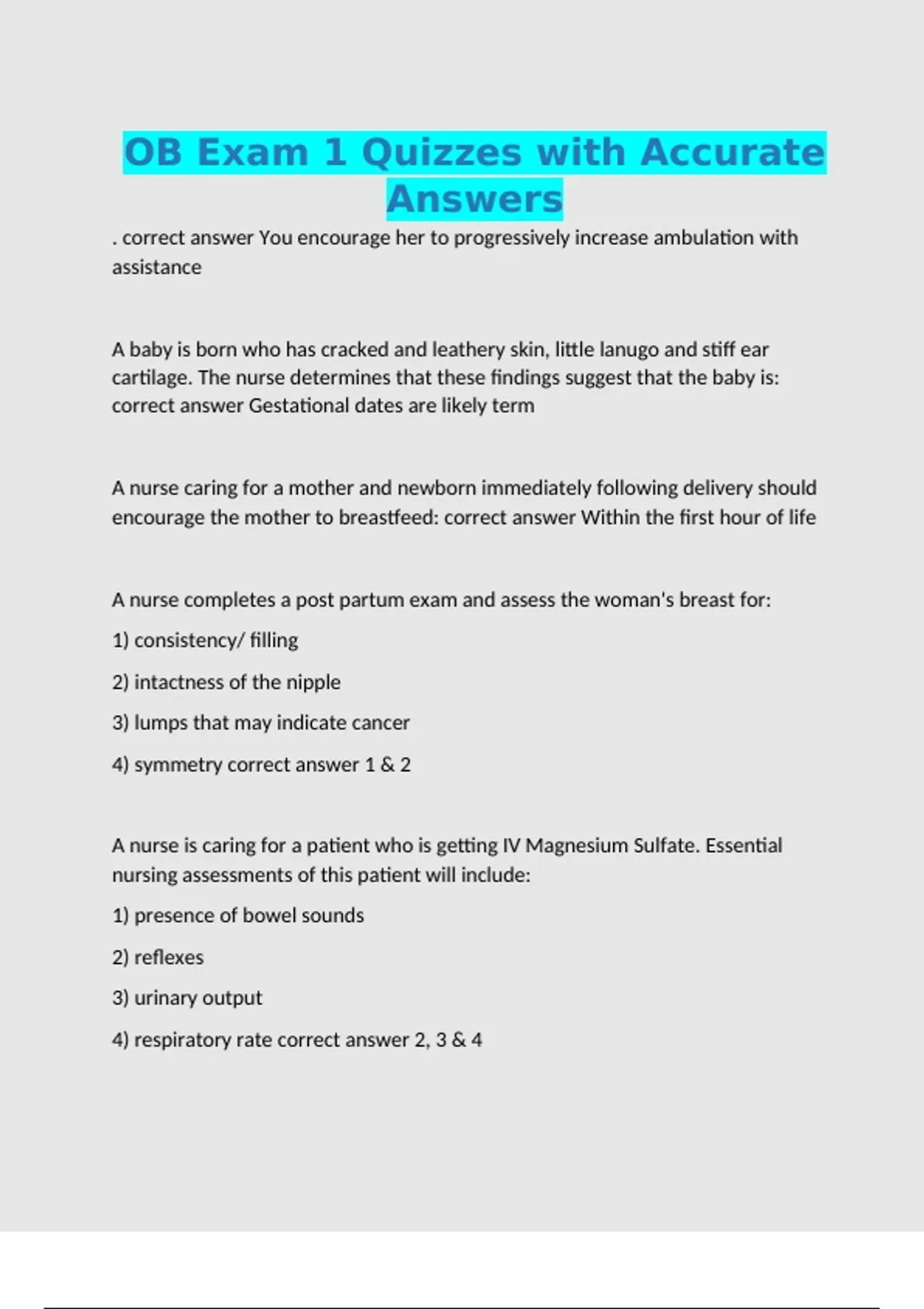 OB Exam 1 Quizzes with Accurate Answers - Med - Stuvia US