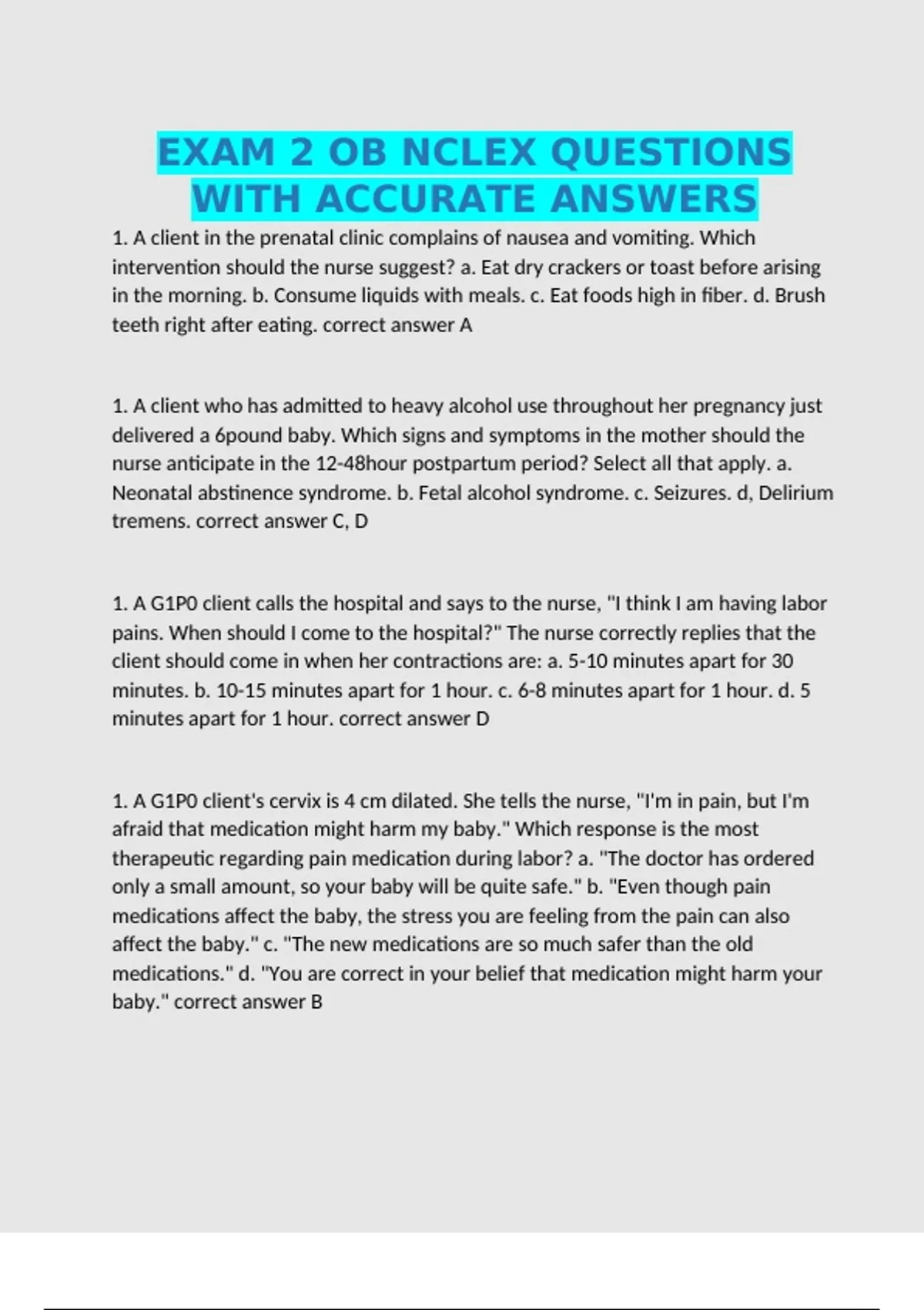 EXAM 2 OB NCLEX QUESTIONS WITH ACCURATE ANSWERS - Med - Stuvia US