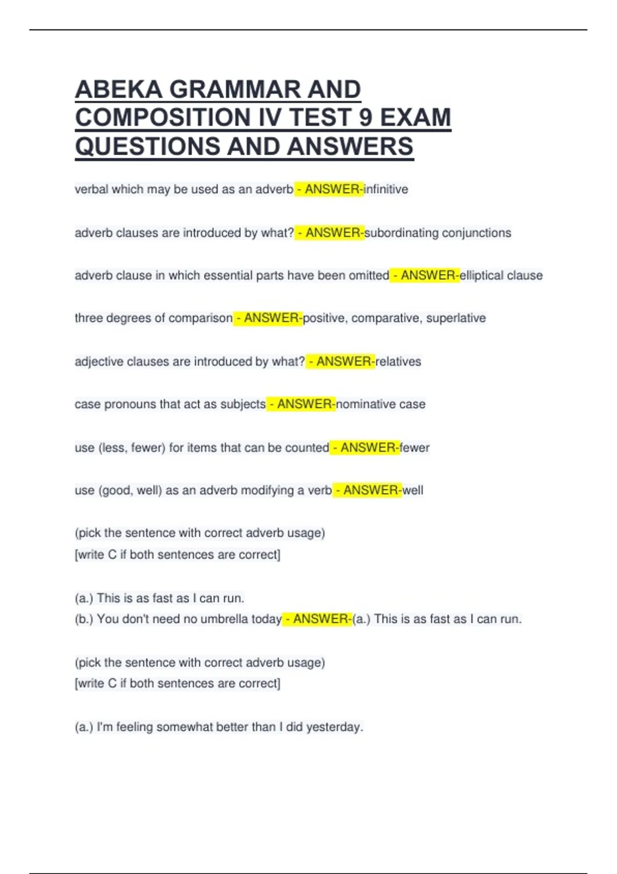 ABEKA GRAMMAR AND COMPOSITION IV TEST 9 EXAM QUESTIONS AND ANSWERS ...