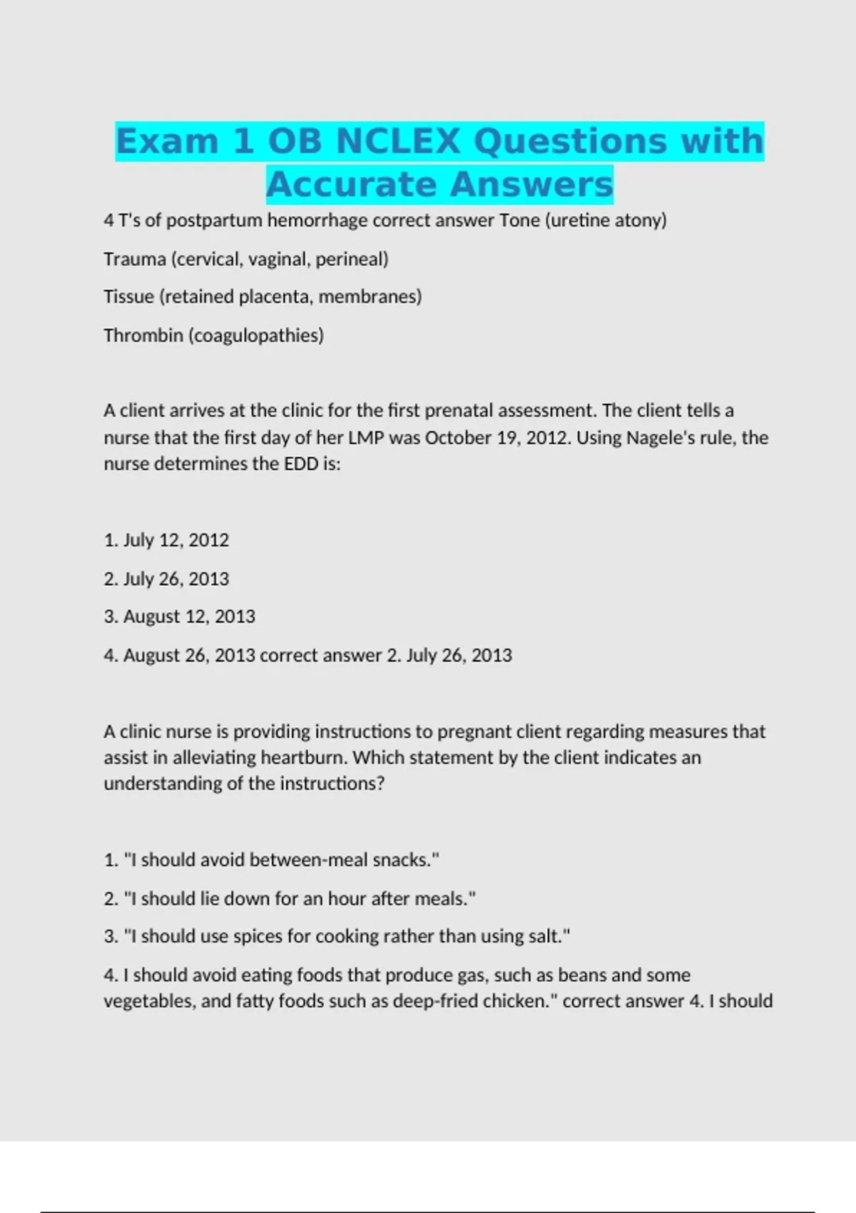 Exam 1 OB NCLEX Questions with Accurate Answers - Med - Stuvia US