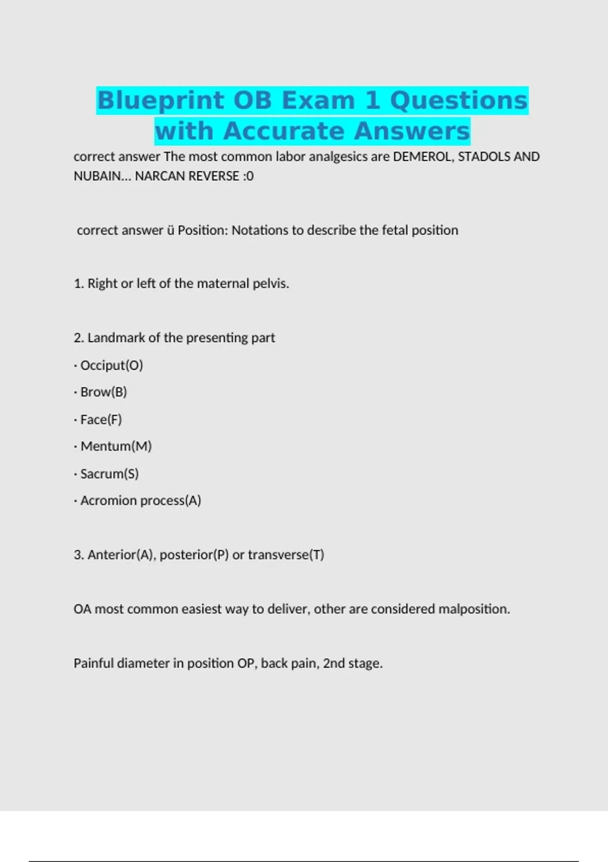 Blueprint OB Exam 1 Questions with Accurate Answers - Med - Stuvia US