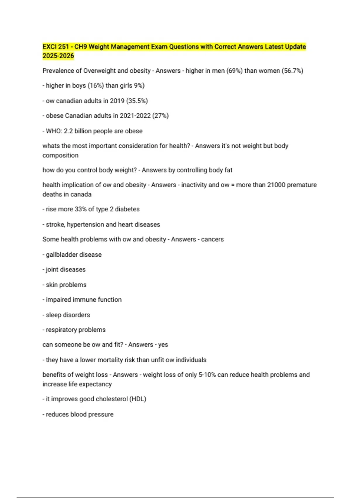 EXCI 251 - CH9 Weight Management Exam Questions with Correct Answers ...
