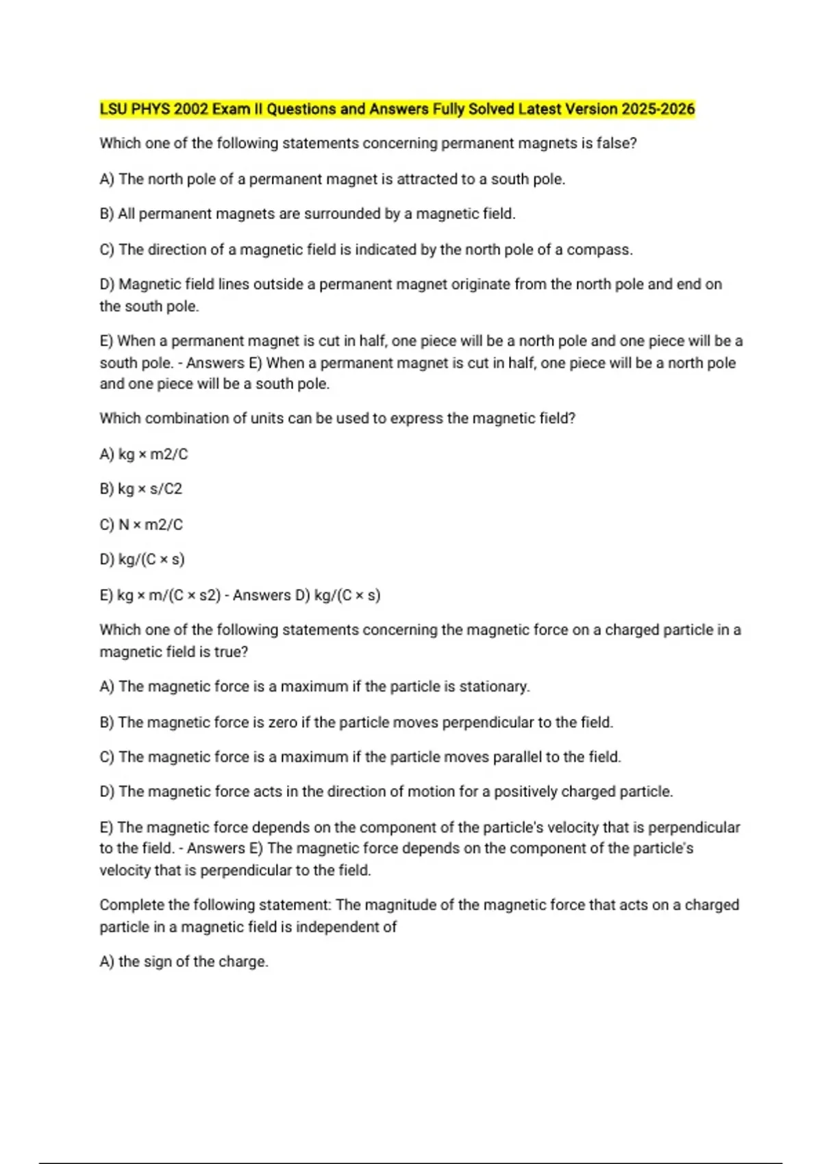LSU PHYS 2002 Exam II Questions and Answers Fully Solved Latest Version ...