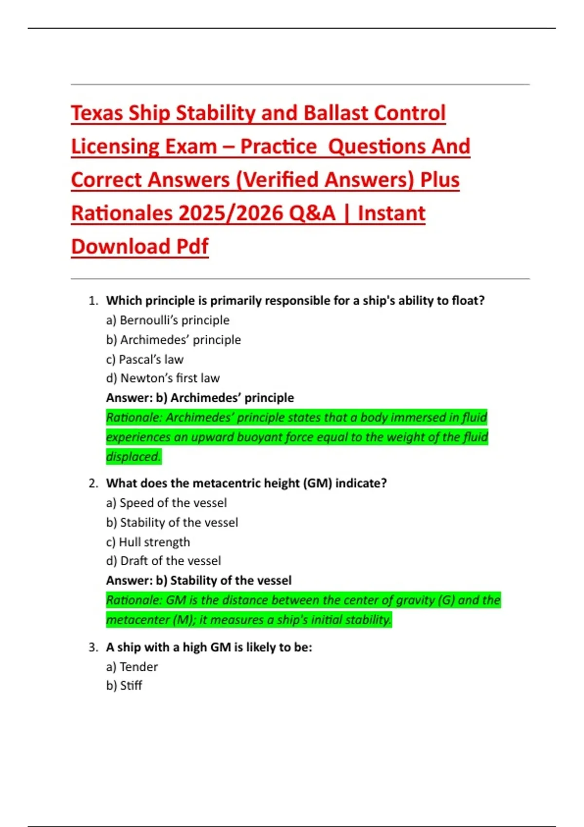 Texas Ship Stability and Ballast Control Licensing Exam Practice