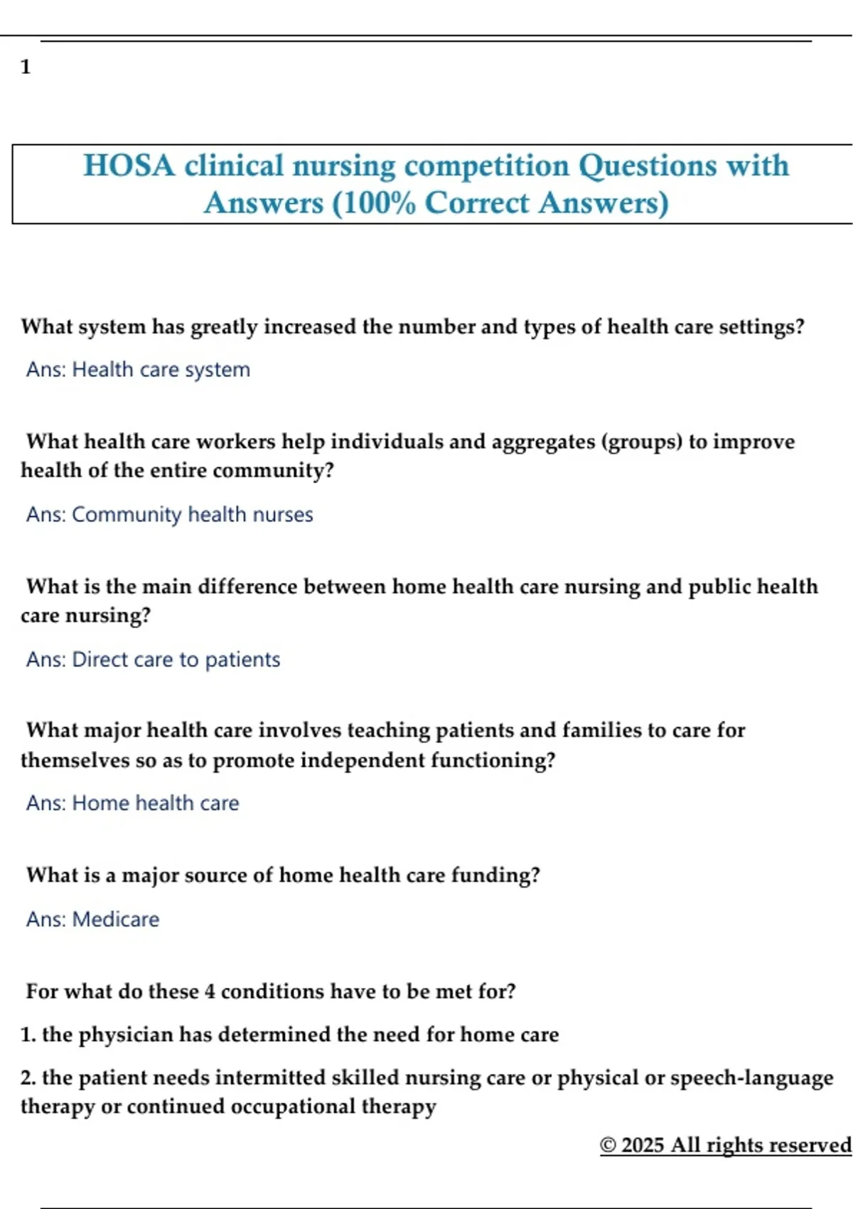 HOSA clinical nursing competition Questions with Answers (100% Correct ...