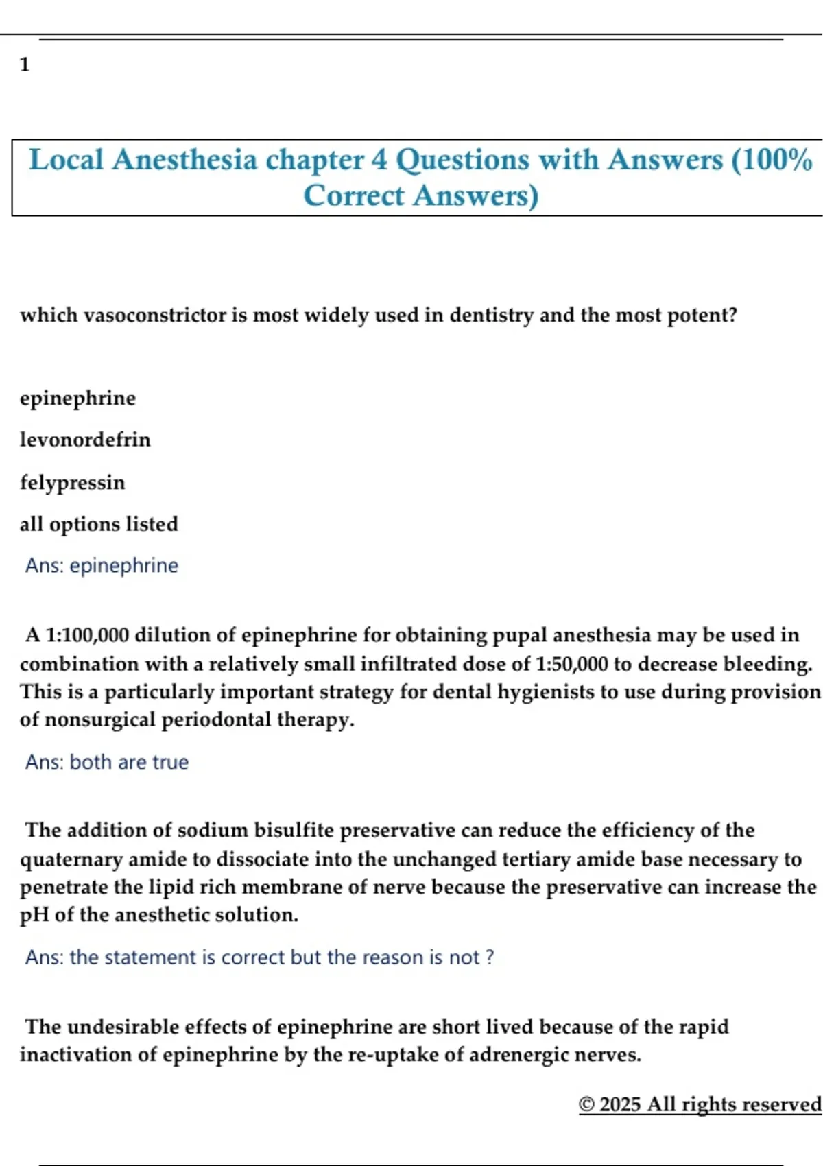 Local Anesthesia chapter 4 Questions with Answers (100% Correct Answers ...