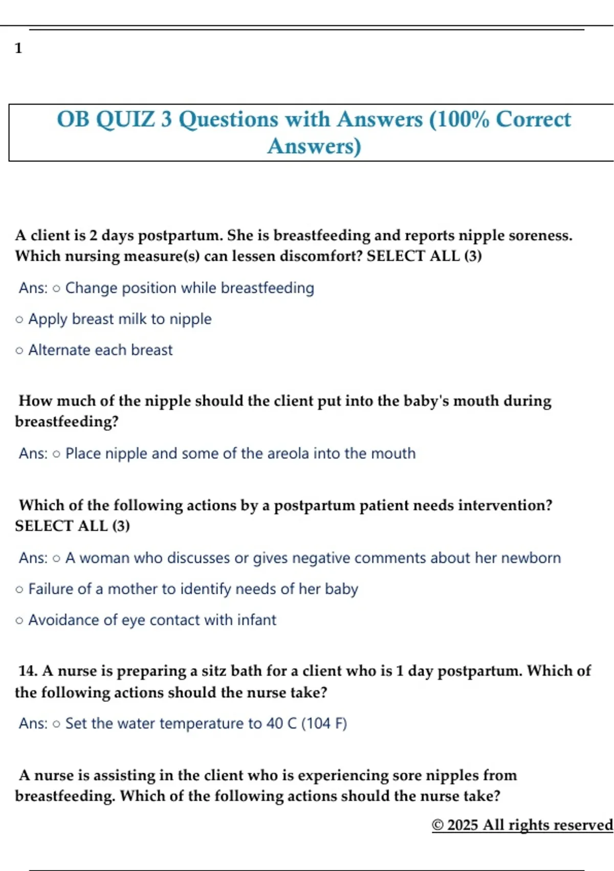 OB QUIZ 3 Questions with Answers (100% Correct Answers) - O B - Stuvia US
