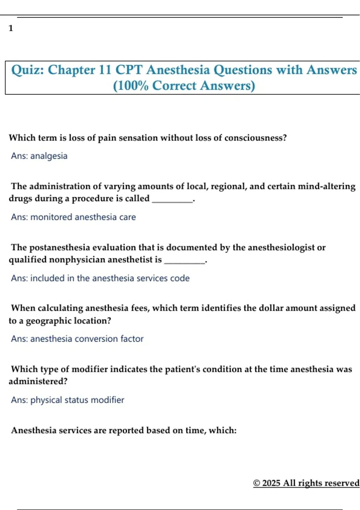 Quiz: Chapter 11 CPT Anesthesia Questions with Answers (100% Correct ...