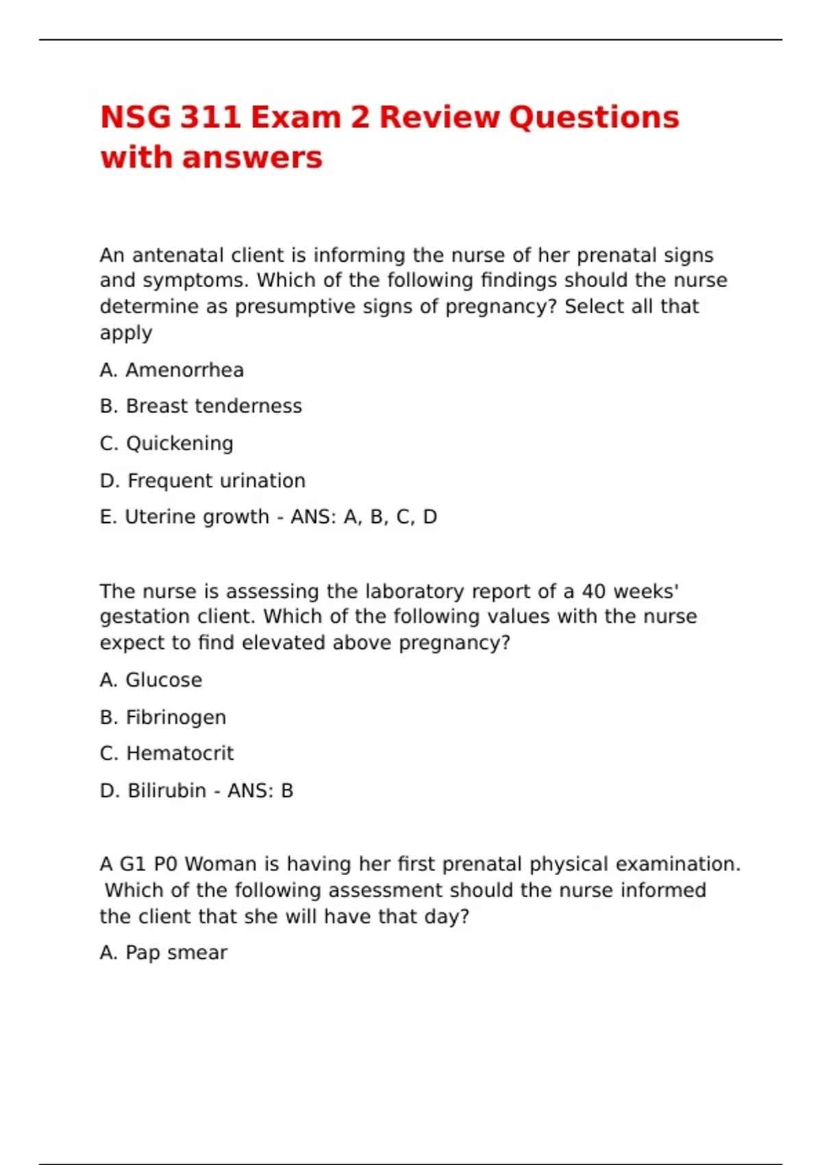 NSG 311 Exam 2 Review Questions with answers - NSG 311 - Stuvia US